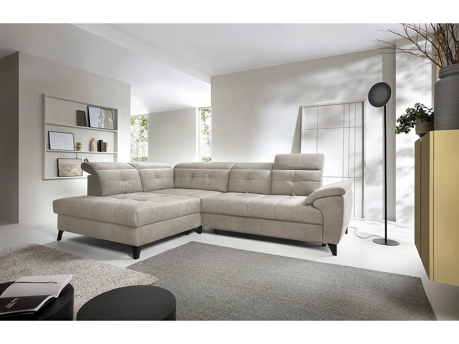 Sofá esquinero convertible KARIN en tejido aterciopelado - Almacenamiento y reposacabezas ajustables-Beige claro-Ángulo izquierdo