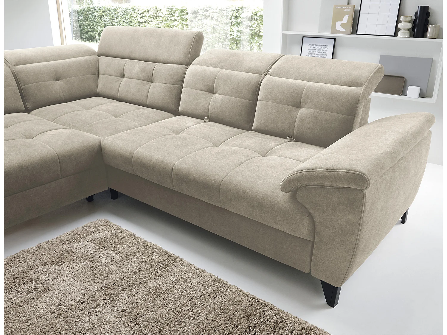 Sofá esquinero convertible KARIN en tejido aterciopelado - Almacenamiento y reposacabezas ajustables-Beige claro-Ángulo izquierdo