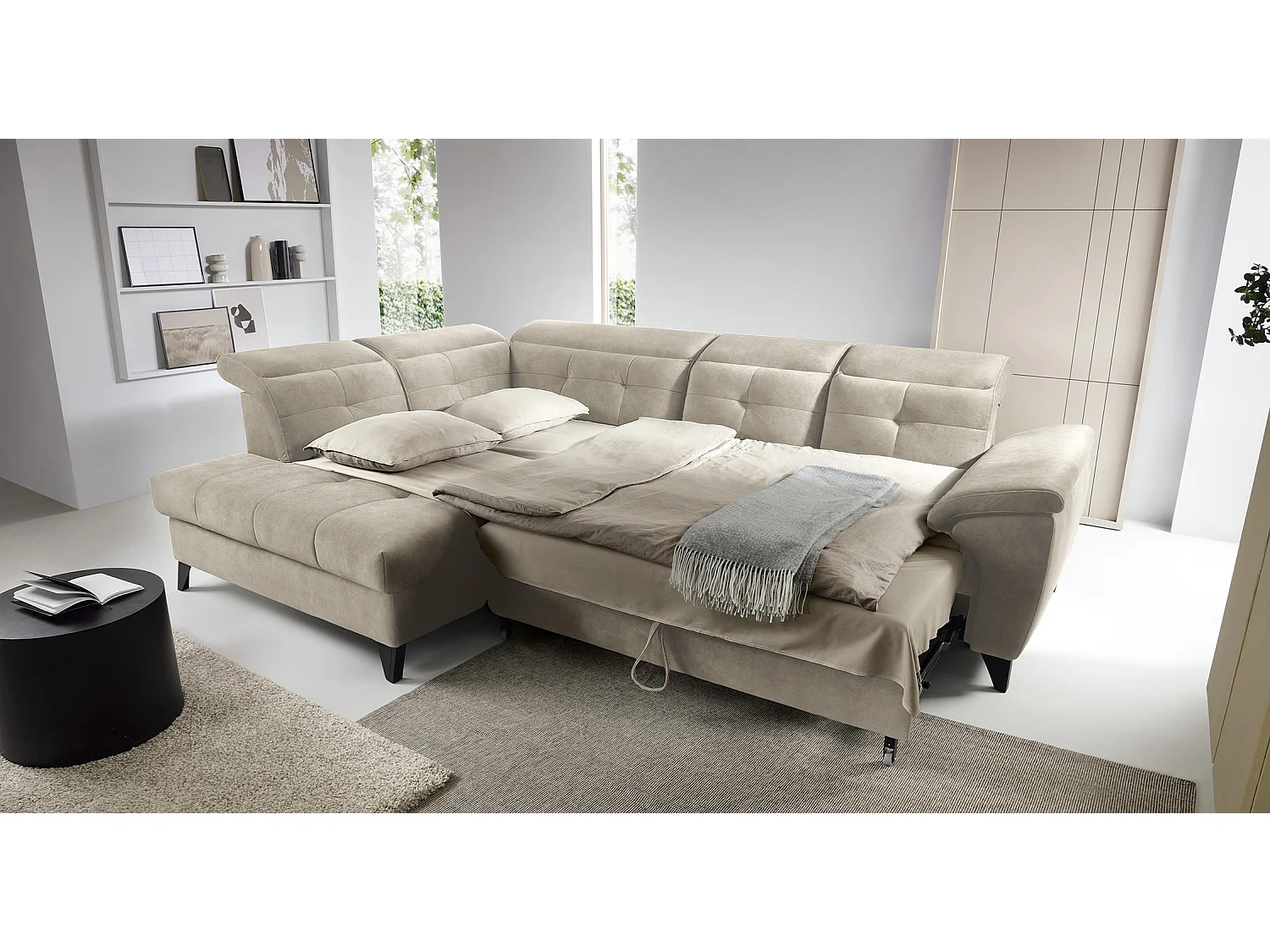 Sofá esquinero convertible KARIN en tejido aterciopelado - Almacenamiento y reposacabezas ajustables-Beige claro-Ángulo izquierdo