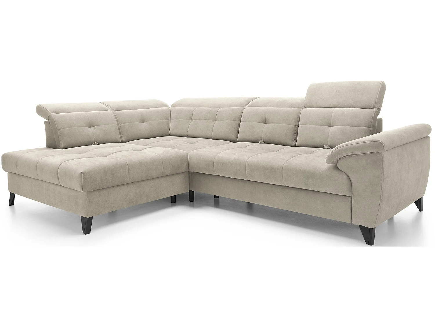 Sofá esquinero convertible KARIN en tejido aterciopelado - Almacenamiento y reposacabezas ajustables-Beige claro-Ángulo izquierdo