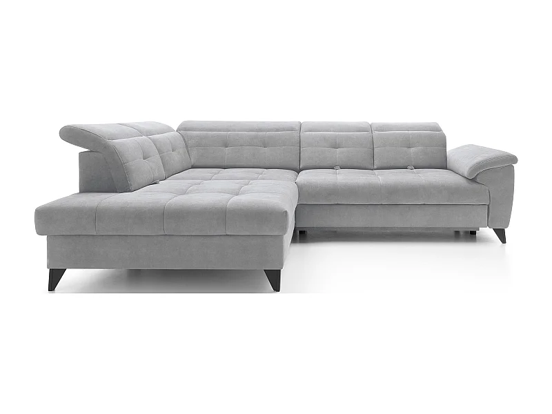 Canapé d'angle convertible tissu velouté KARIN - Coffre et appuis-tête réglables-Gris clair-angle gauche