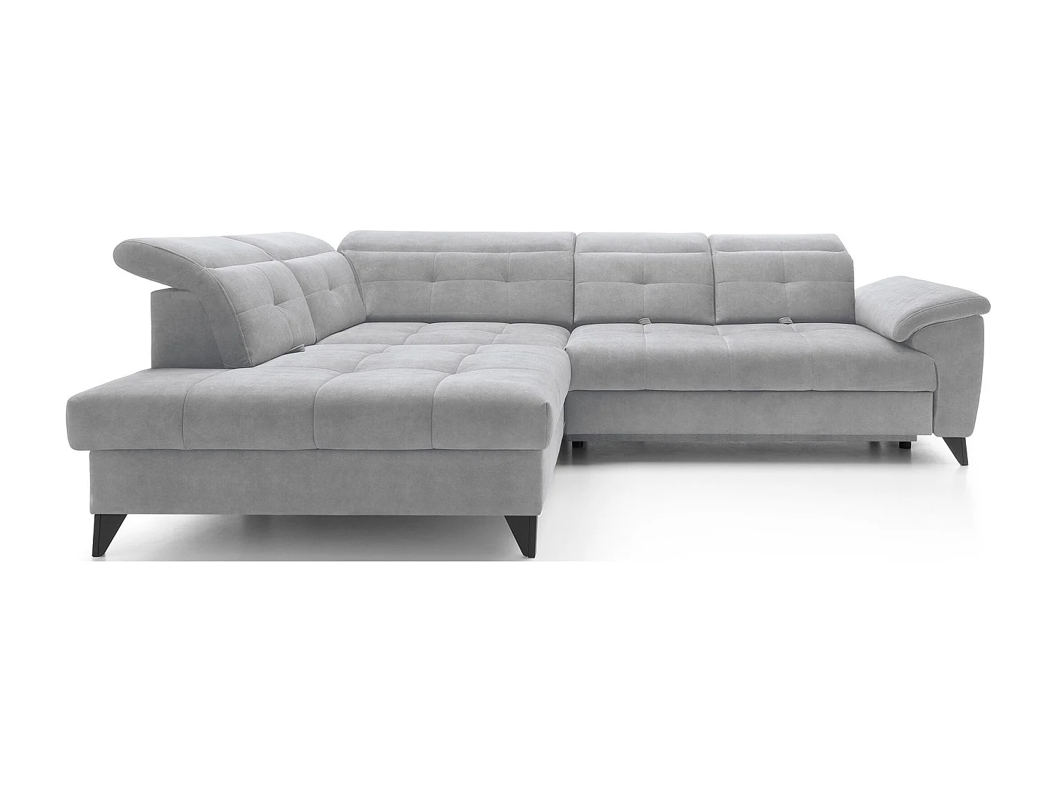 Canapé d'angle convertible tissu velouté KARIN - Coffre et appuis-tête réglables-Gris clair-angle gauche