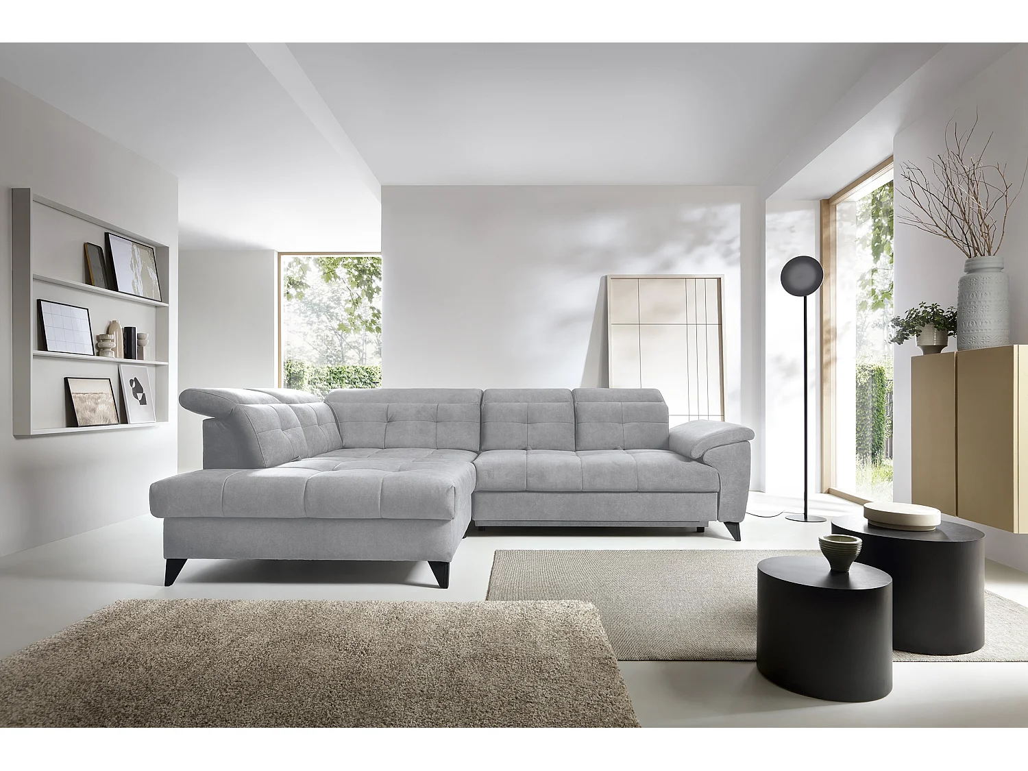 Canapé d'angle convertible tissu velouté KARIN - Coffre et appuis-tête réglables-Gris clair-angle gauche