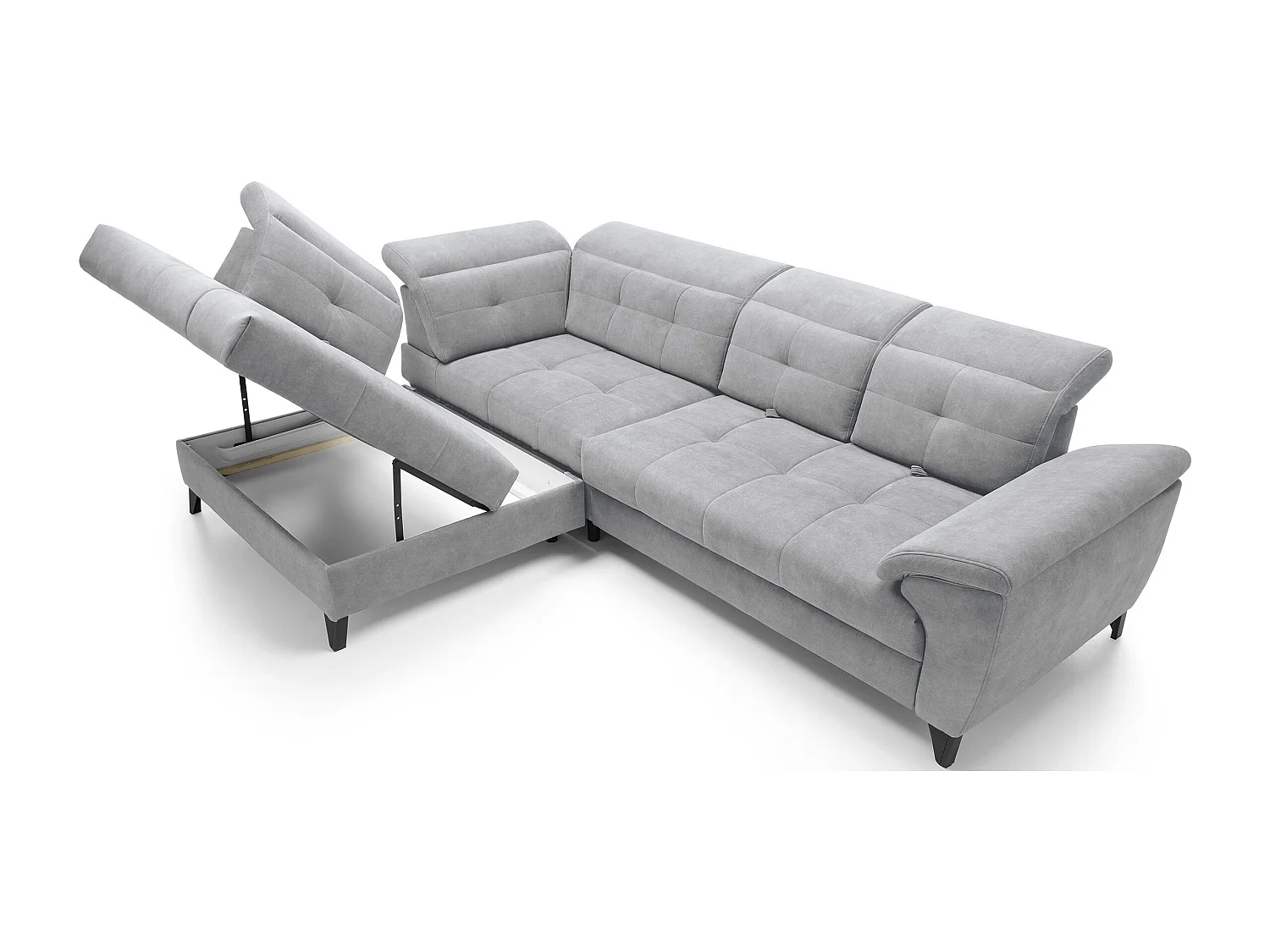 Canapé d'angle convertible tissu velouté KARIN - Coffre et appuis-tête réglables-Gris clair-angle gauche