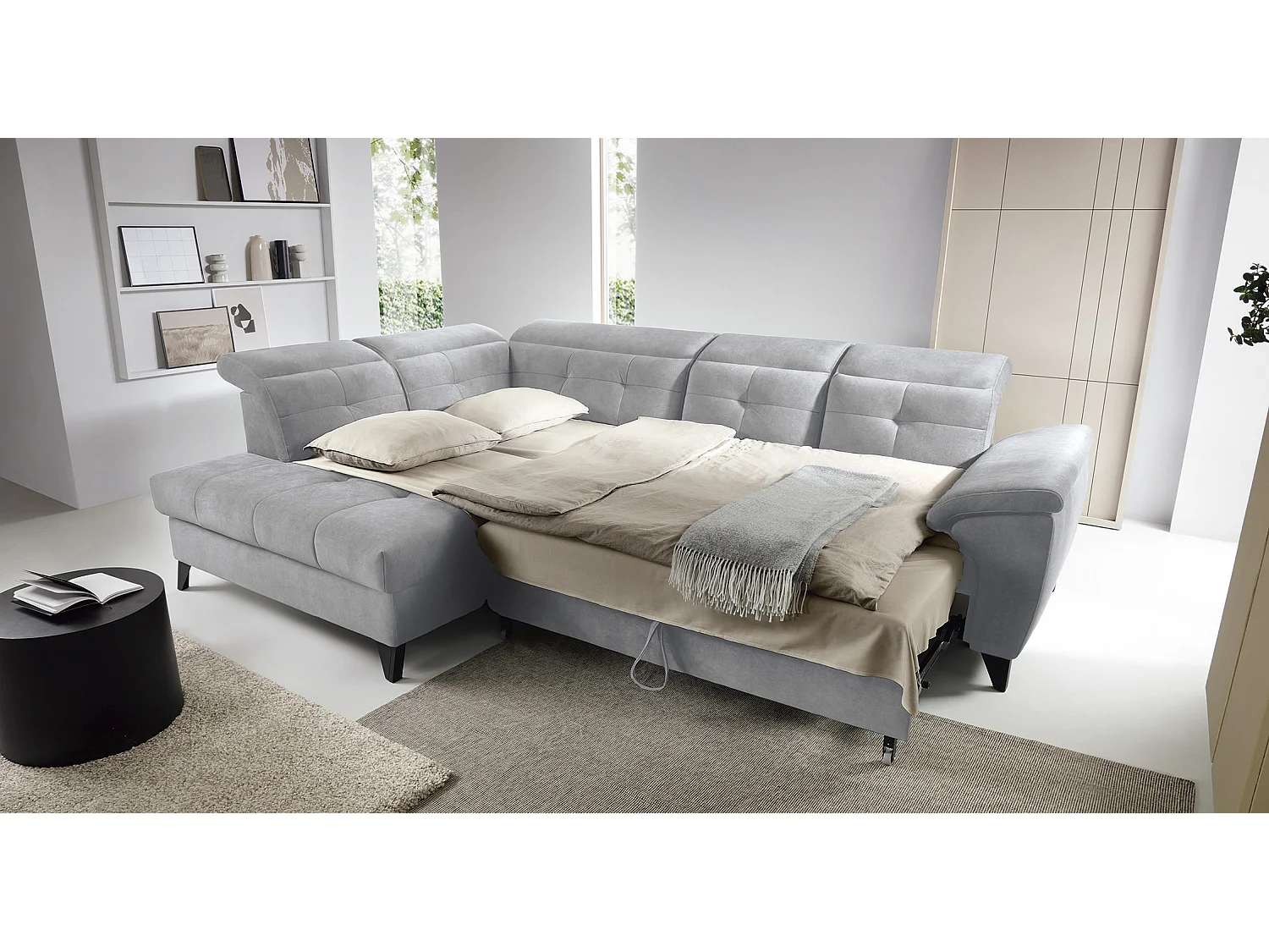 Canapé d'angle convertible tissu velouté KARIN - Coffre et appuis-tête réglables-Gris clair-angle gauche