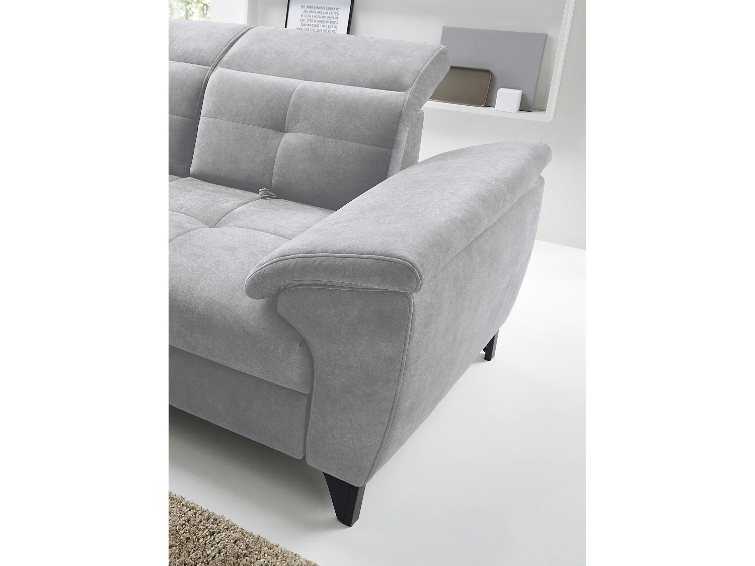 Canapé d'angle convertible tissu velouté KARIN - Coffre et appuis-tête réglables-Gris clair-angle gauche