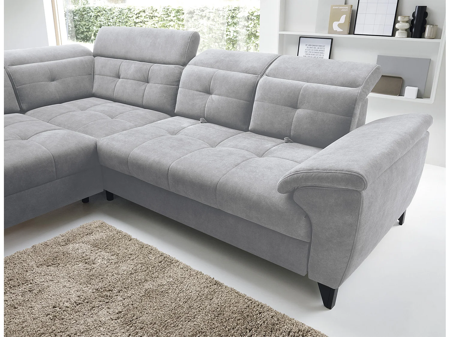 Canapé d'angle convertible tissu velouté KARIN - Coffre et appuis-tête réglables-Gris clair-angle gauche