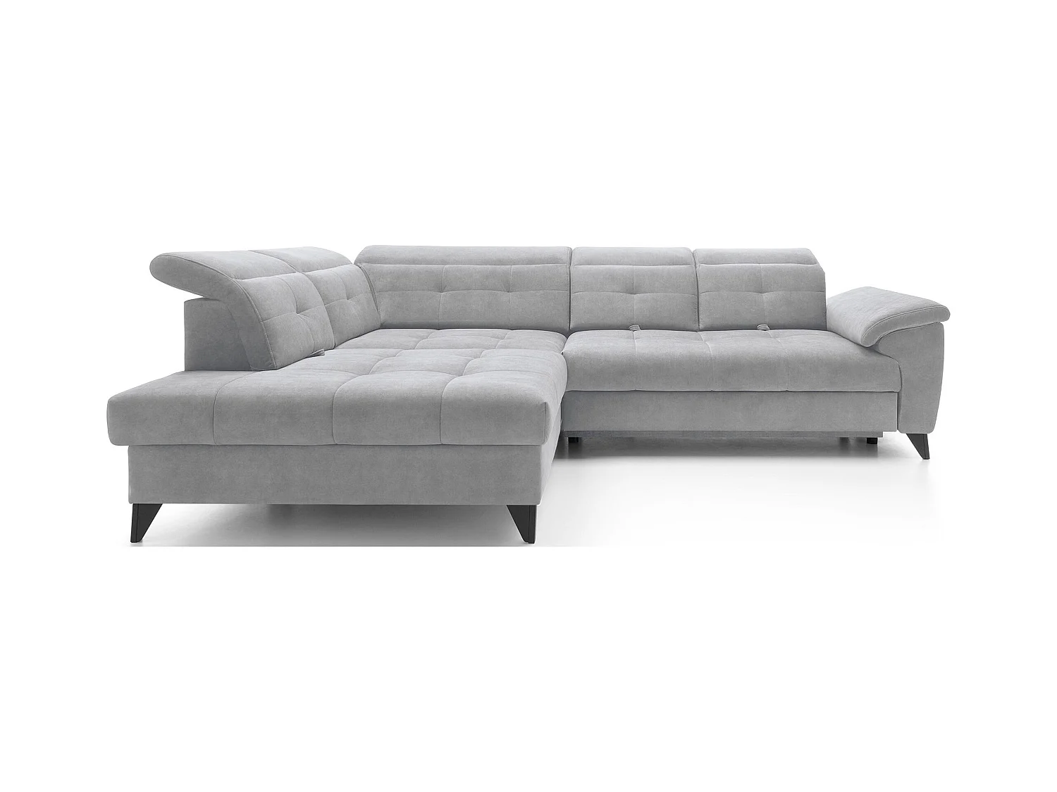 Canapé d'angle convertible tissu velouté KARIN - Coffre et appuis-tête réglables-Gris clair-angle gauche