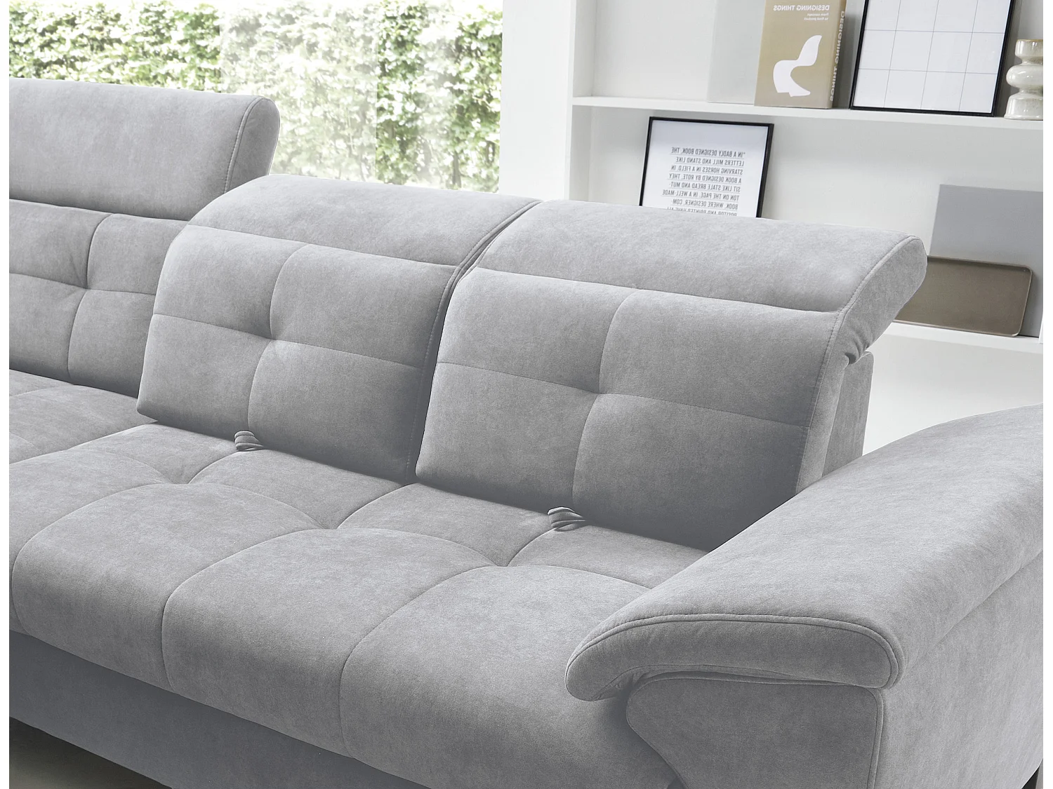 Canapé d'angle convertible tissu velouté KARIN - Coffre et appuis-tête réglables-Gris clair-angle gauche