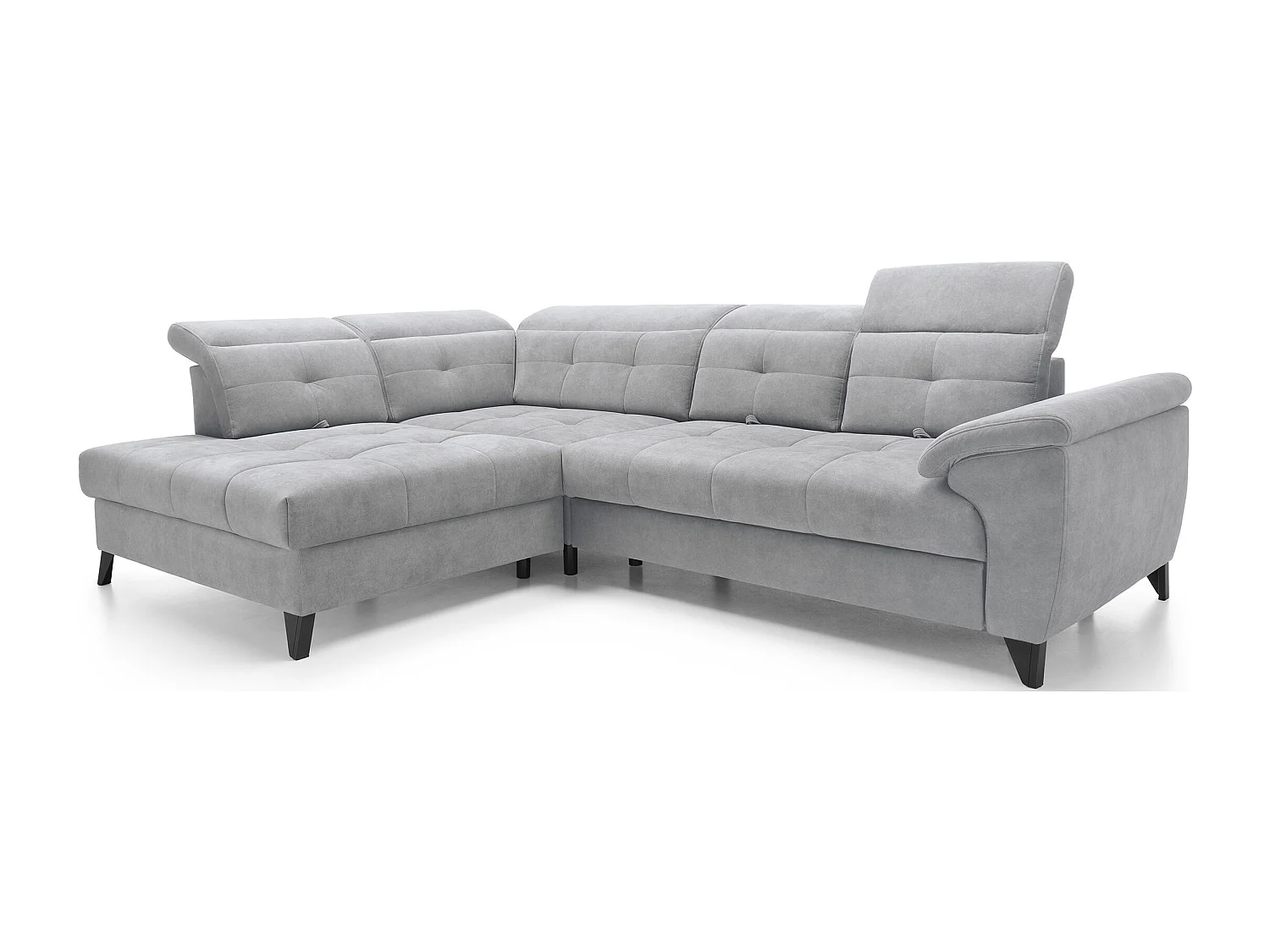 Canapé d'angle convertible tissu velouté KARIN - Coffre et appuis-tête réglables-Gris clair-angle gauche