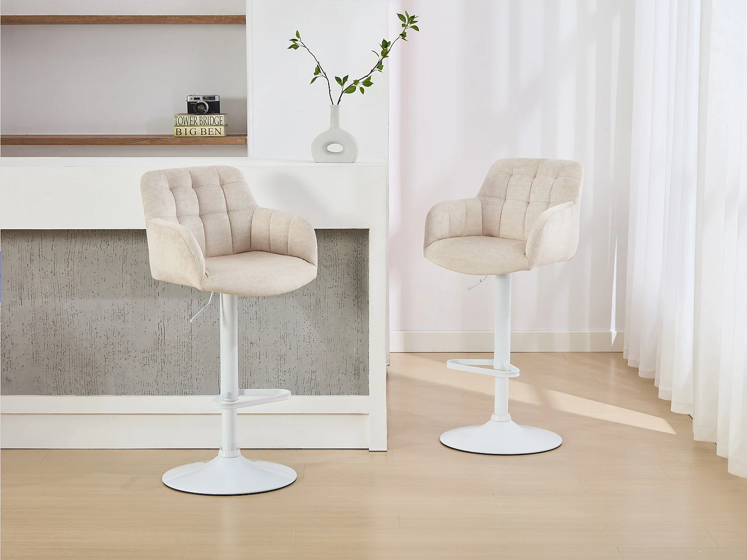 2-delars set barstolar i sammet och vit metall - Justerbar höjd - Creme - PEGA från Pascal MORABITO