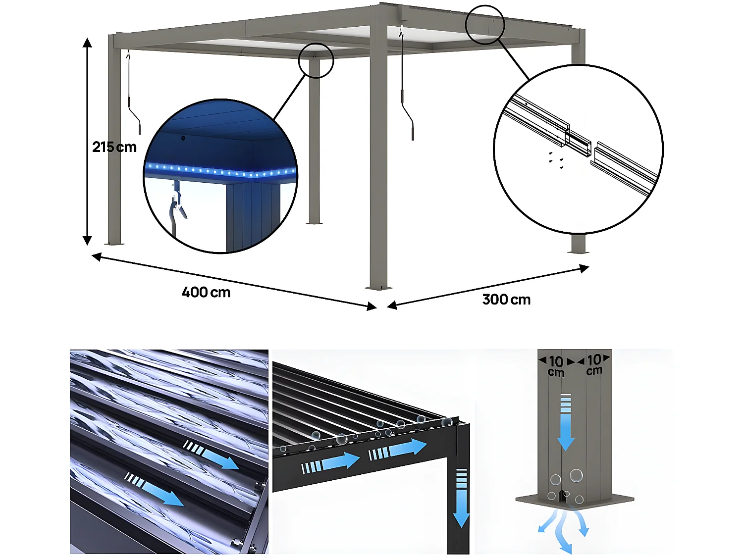 Pérgola bioclimática em alumínio com LED "Windsor" 3 x 4 - Taupe