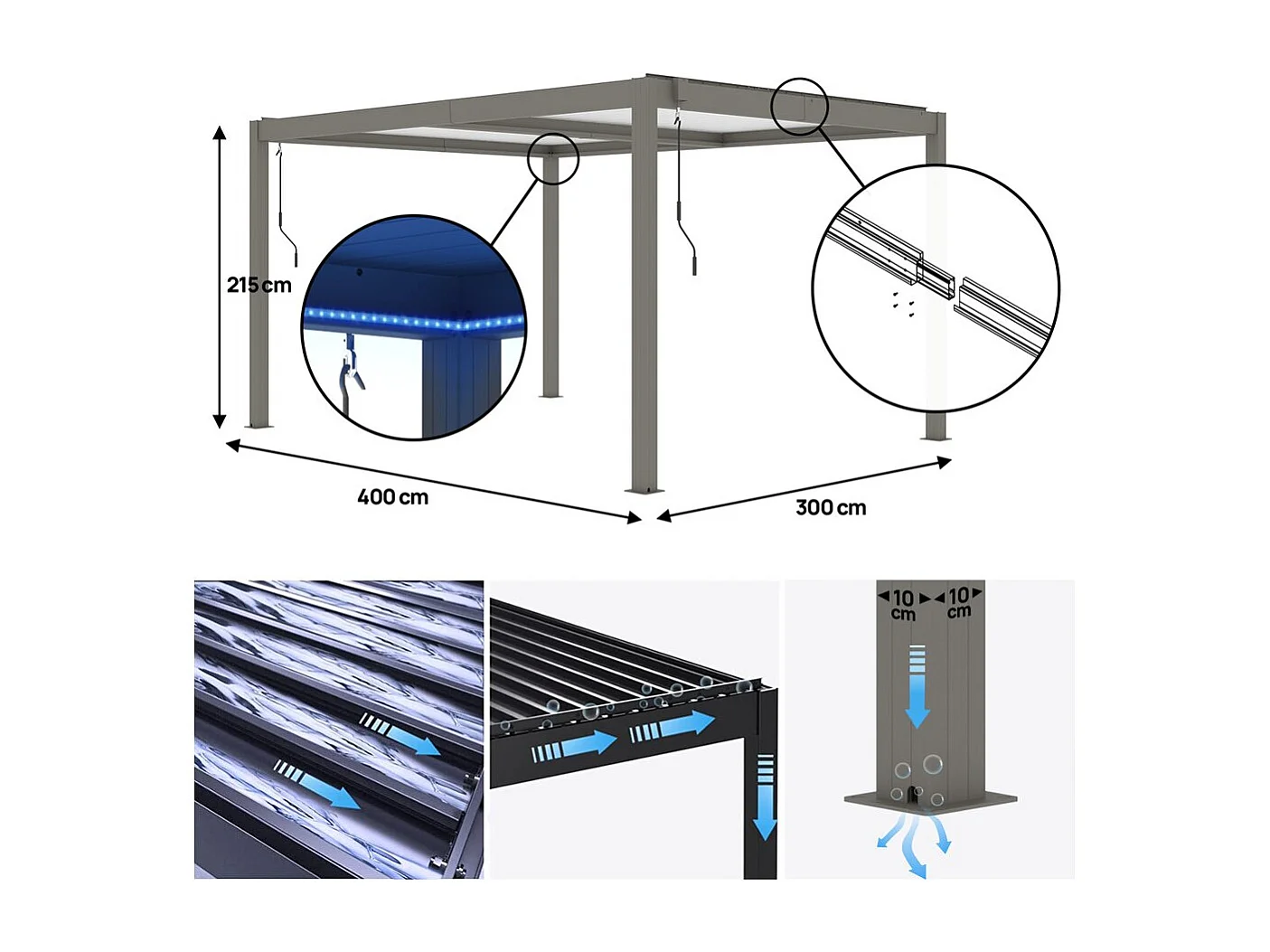 Pergola bioclimatique avec led "Windsor premium" en aluminium 3 x 4 - Taupe