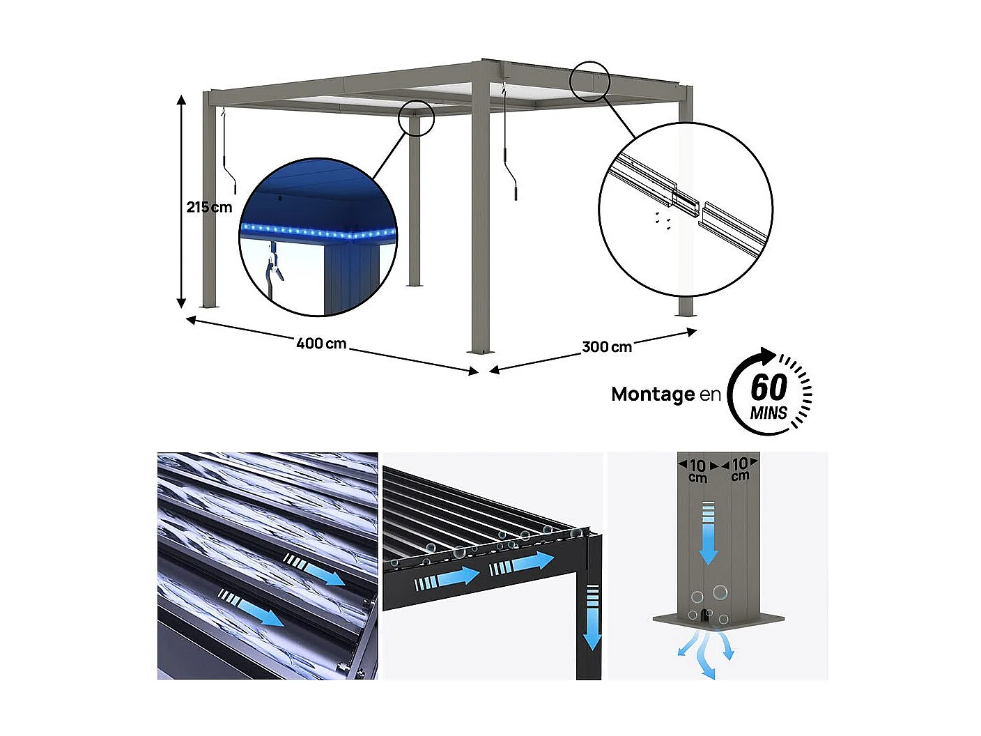 Pergola  terrasoverkapping zonwering 3 x 4 m verstelbaar aluminium met led verlichting "Windsor premium" - Taupe - grijs bruin