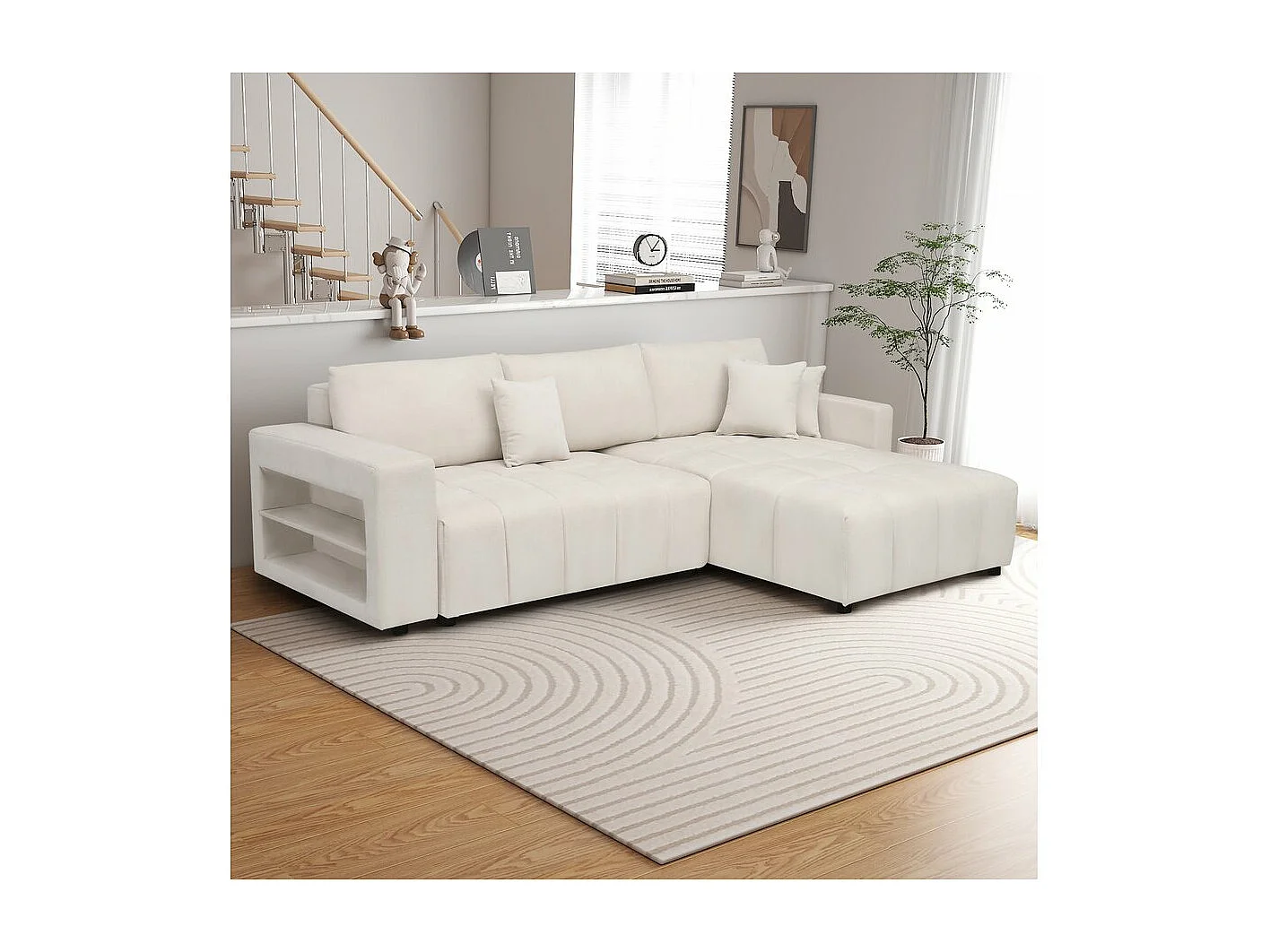 Ecksofa mit Schlaffunktion aus Chenille-Stoff 3-Sitzer - "Trocadero" - Creme