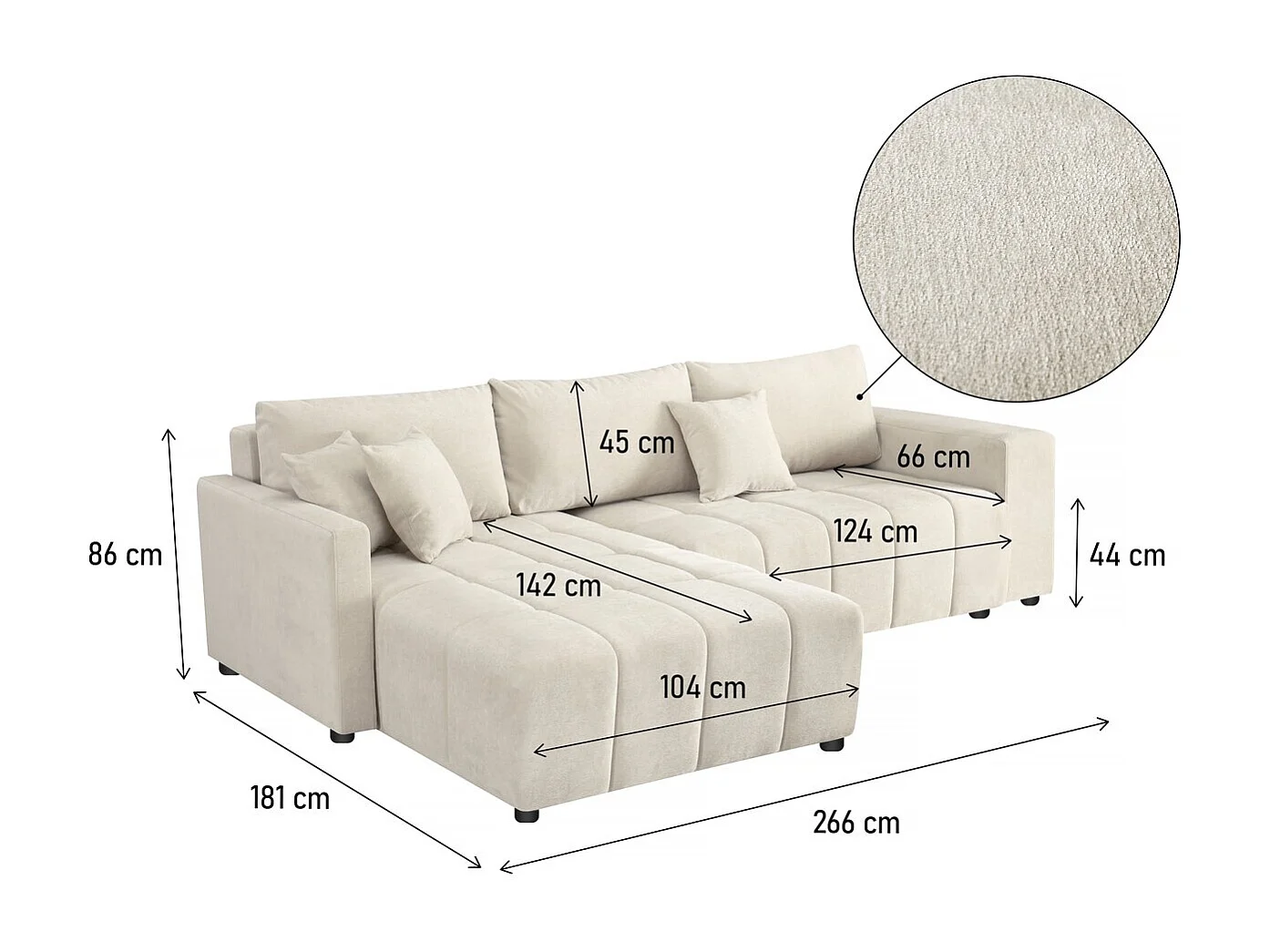 Ecksofa mit Schlaffunktion aus Chenille-Stoff 3-Sitzer - "Trocadero" - Creme