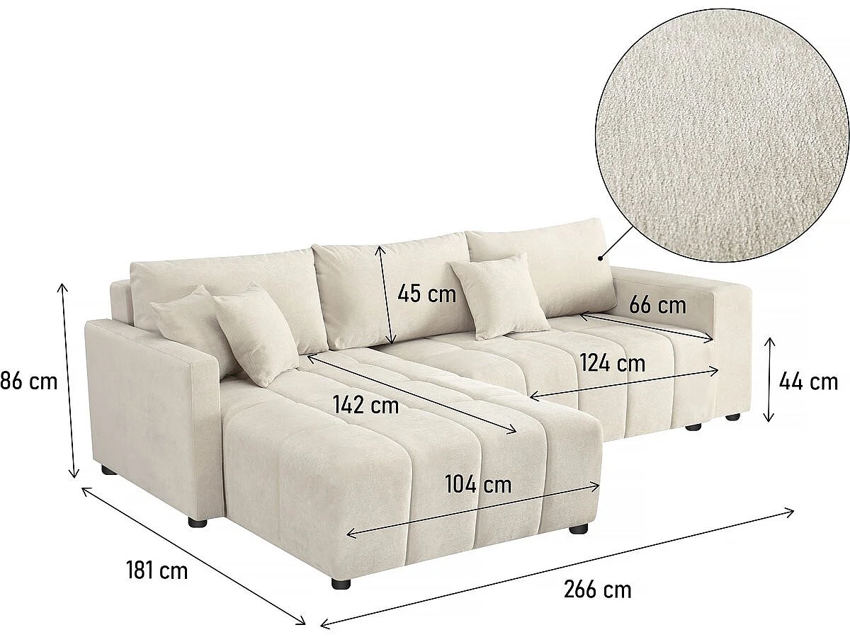 Canapé d'angle convertible 3 places en coton chenille crème
