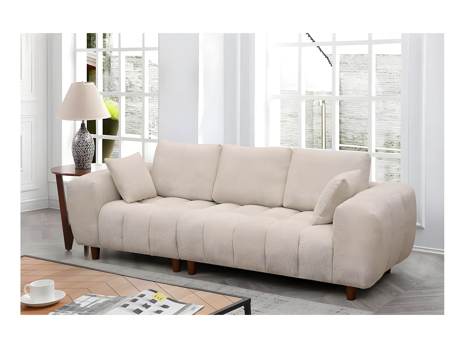 Canapé droit tissu chenille "Matignon" - 3 places  - Beige