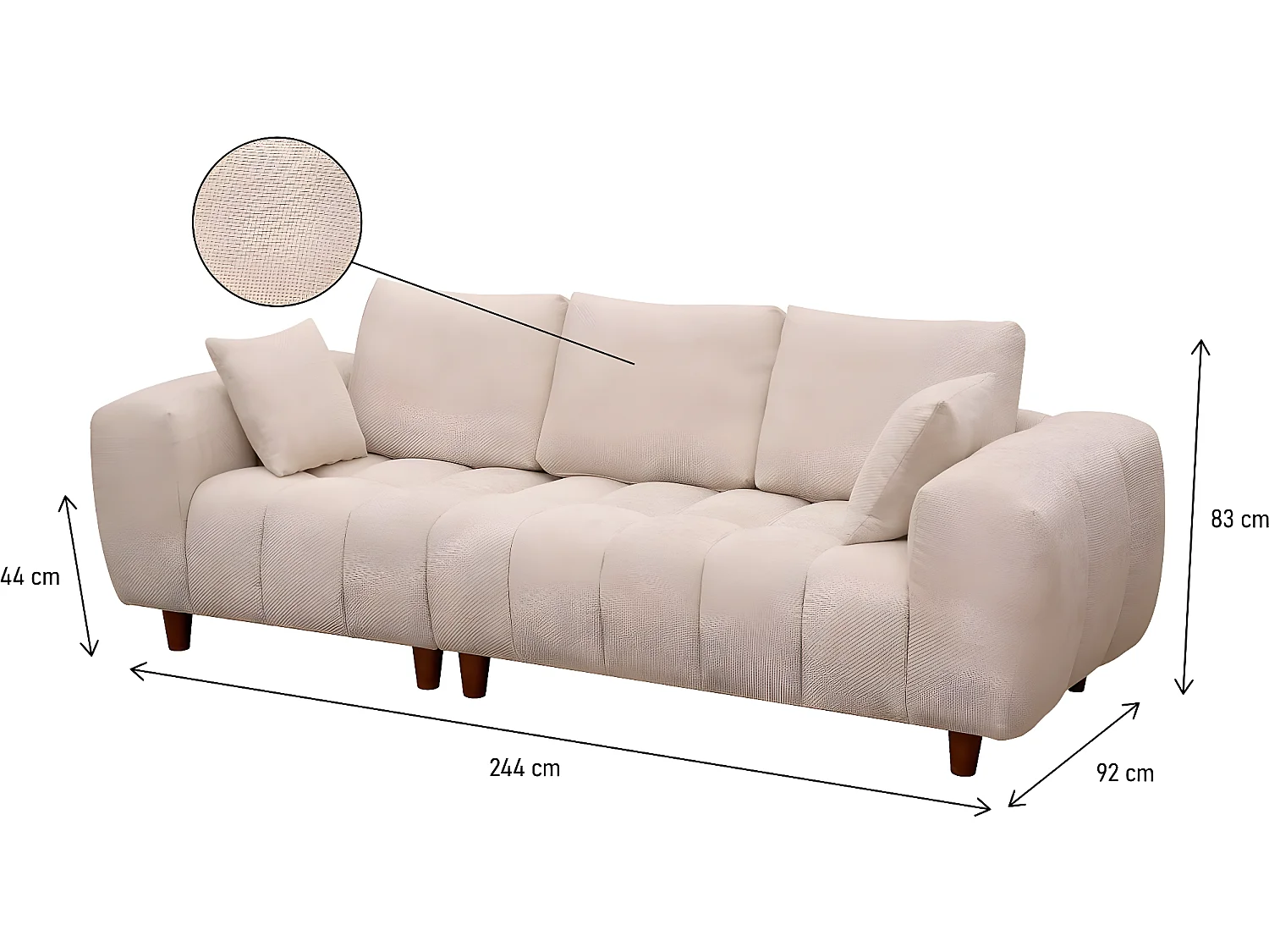 Canapé droit tissu chenille "Matignon" - 3 places  - Beige