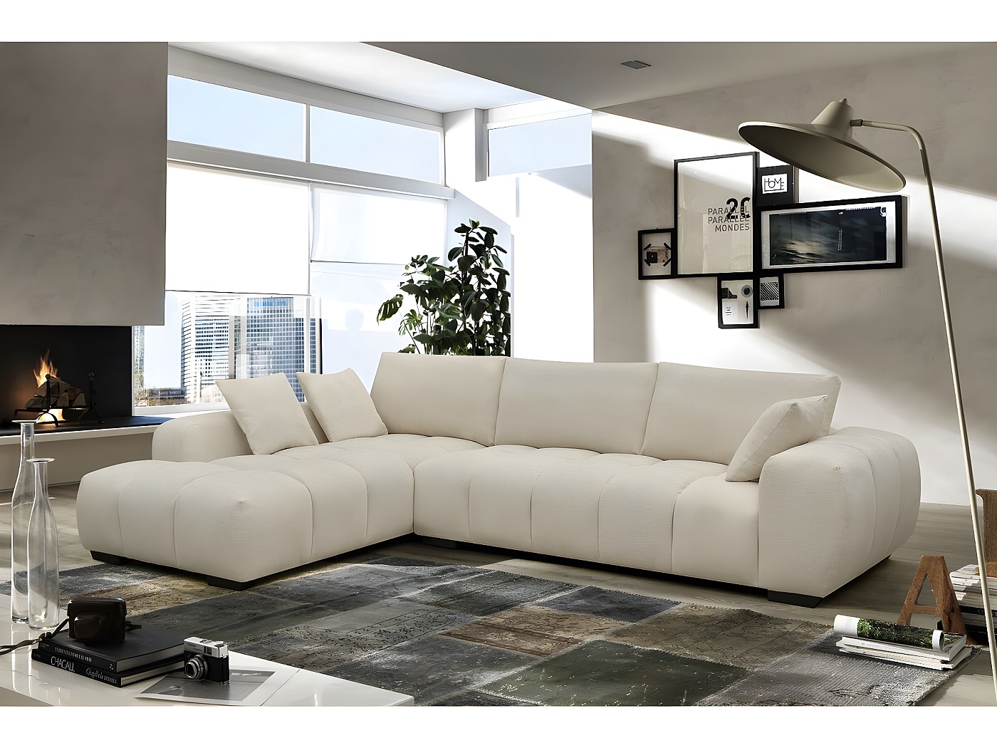 Divano ad angolo "Monceau" in tessuto beige - 3 posti comodi con 6 ...