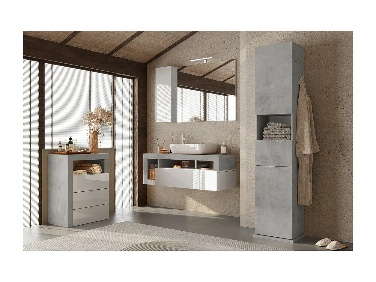 Colonna da bagno girevole con specchio, 2 porte e 1 cassetto, collezione BURA. Colore grigio effetto cemento.