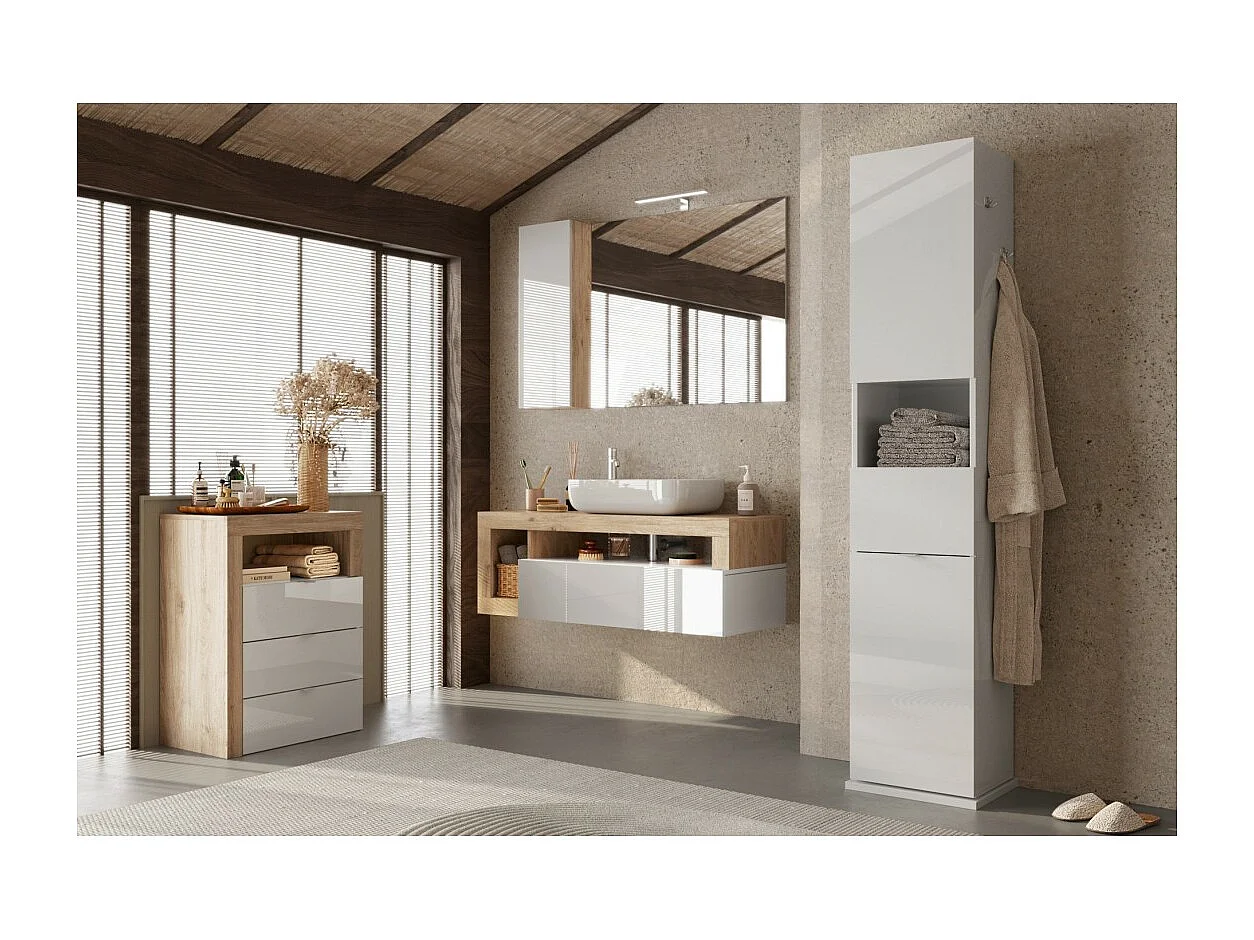 Colonna da bagno girevole con specchio, 2 porte, collezione ISORA. Colore bianco lucido.