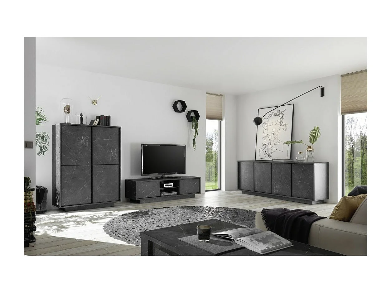 Tv-meubel met 2 deuren, COLOMARMO collectie, marmer effect in zwarte kleur, ideaal voor uw trendy en moderne woonkamer.