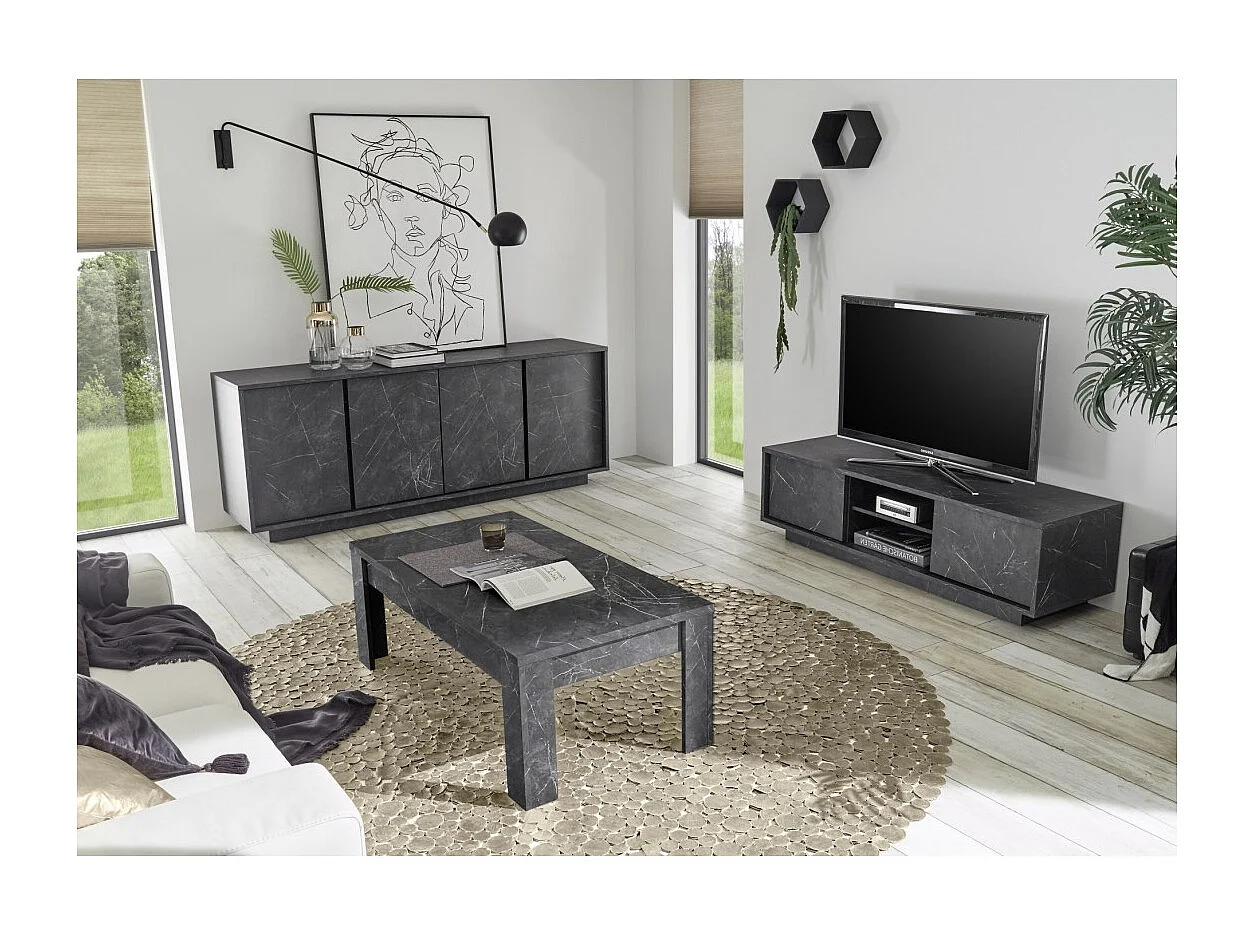 Tv-meubel met 2 deuren, COLOMARMO collectie, marmer effect in zwarte kleur, ideaal voor uw trendy en moderne woonkamer.