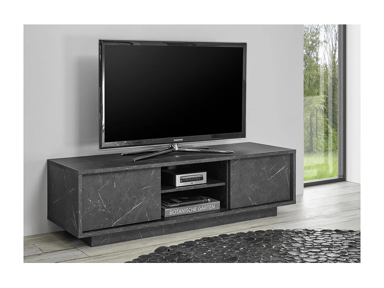 Tv-meubel met 2 deuren, COLOMARMO collectie, marmer effect in zwarte kleur, ideaal voor uw trendy en moderne woonkamer.