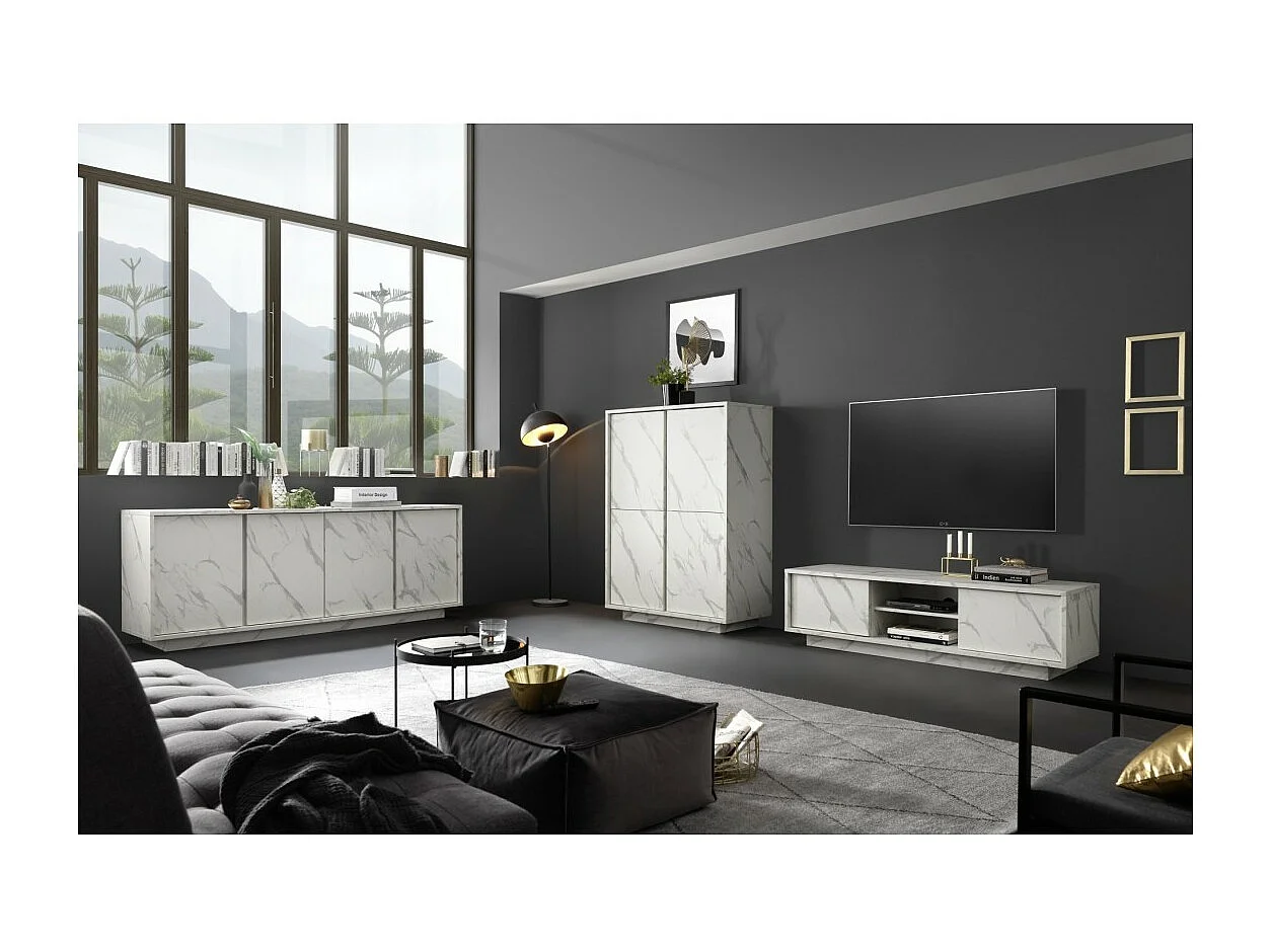 Meuble TV 2 portes, collection COLOMARMO, coloris blanc effet marbre, idéal pour votre salon tendance et moderne