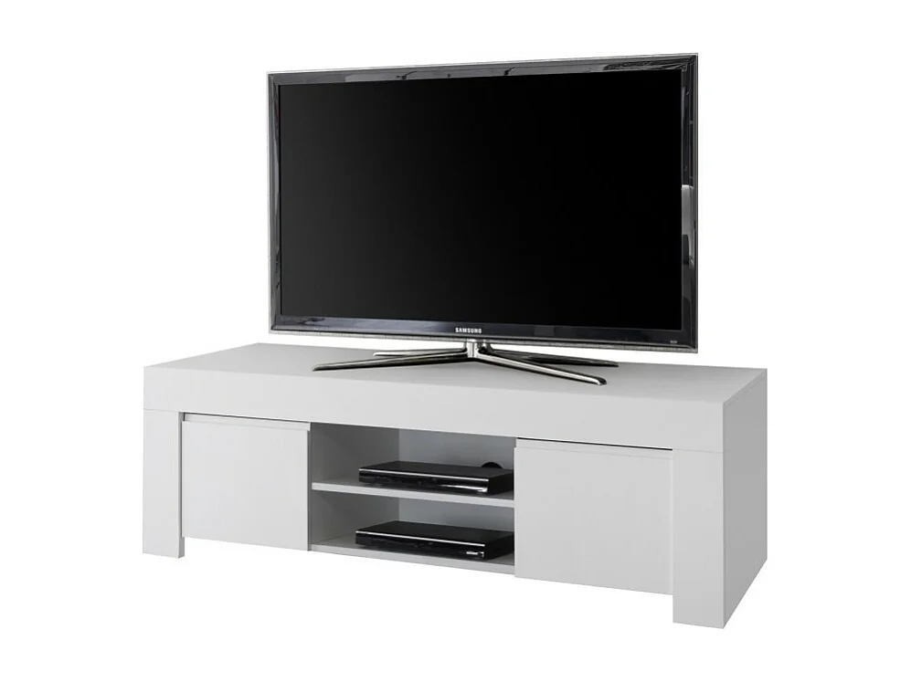 Meuble TV 2 portes, collection ZEFIR, coloris blanc mat, idéal pour un salon tendance et moderne