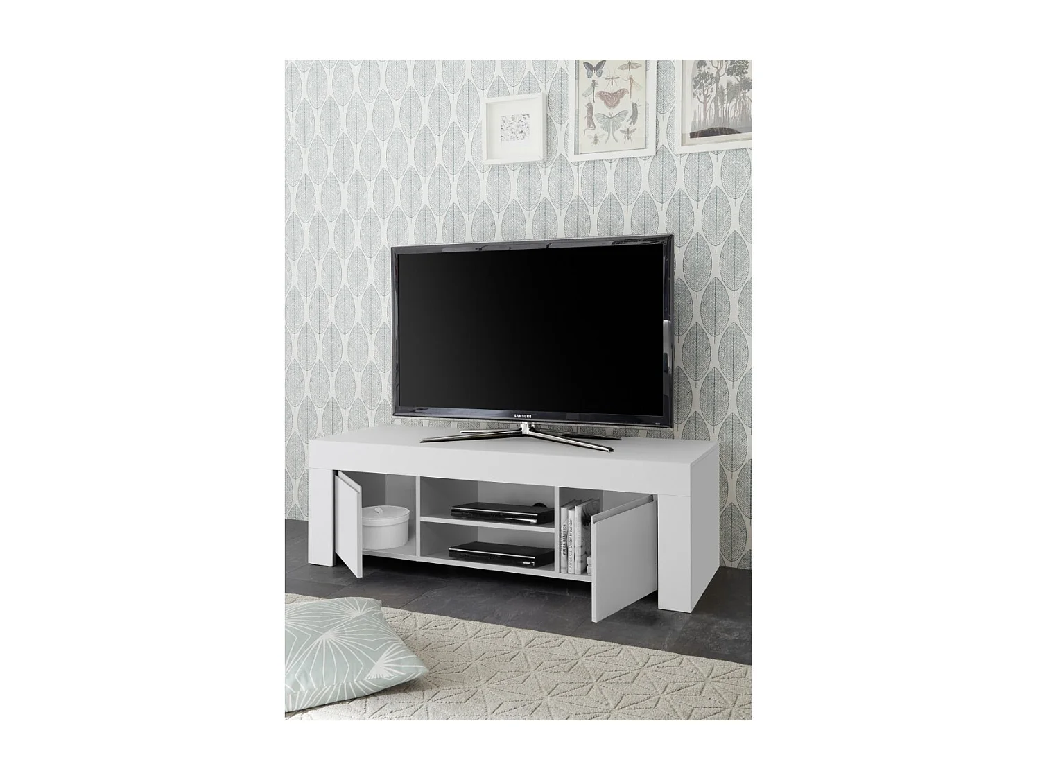 Meuble TV 2 portes, collection ZEFIR, coloris blanc mat, idéal pour un salon tendance et moderne