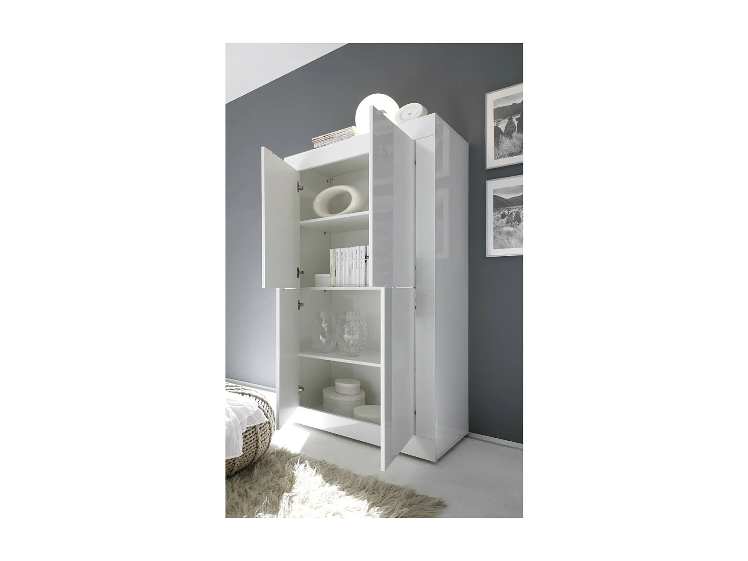 Vaisselier 4 portes ISORA – Blanc laqué brillant – Design moderne et fonctionnel