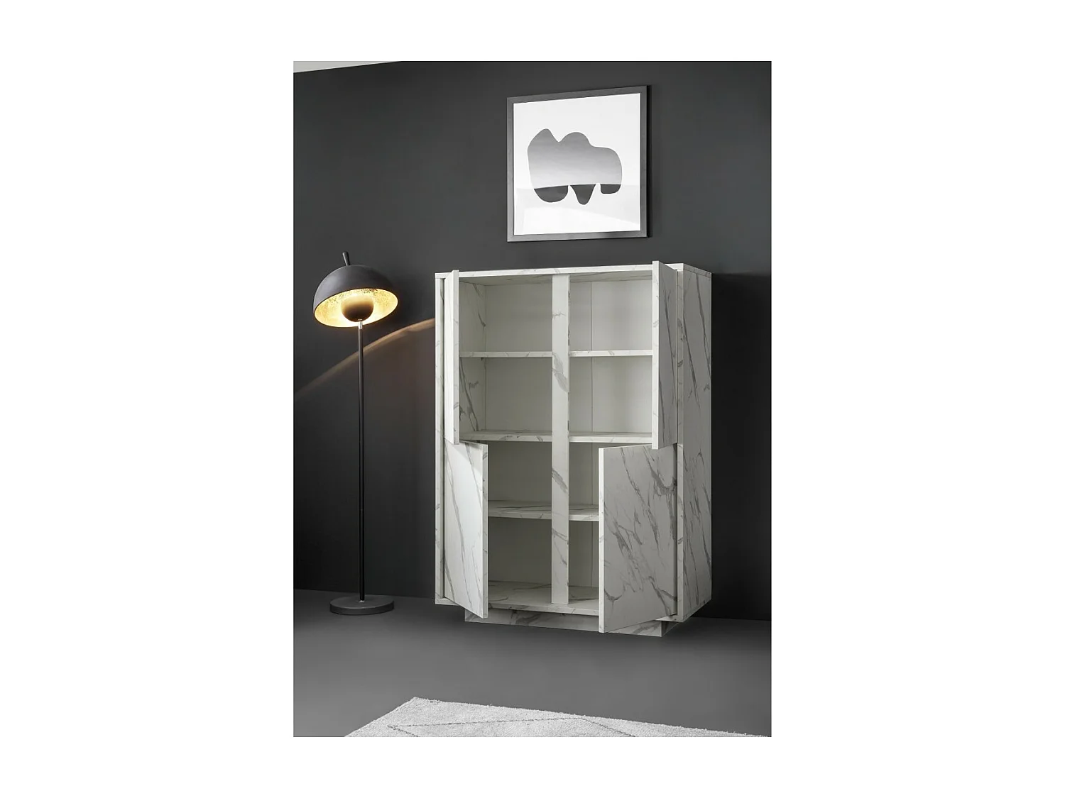 Buffet 4 portes, collection COLOMARMO, coloris blanc effet marbre, idéal dans votre salon ou salle à manger