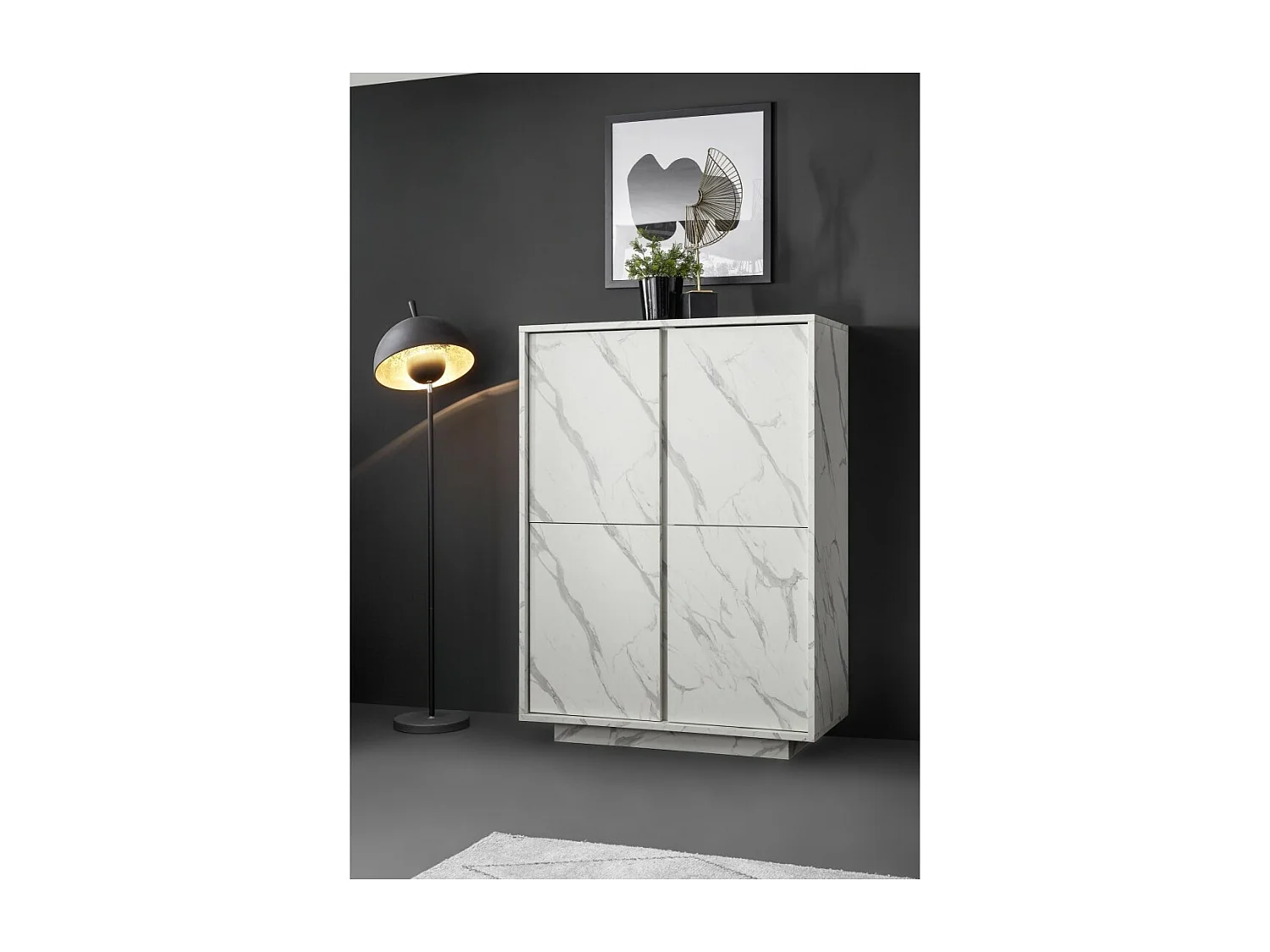 Buffet 4 portes, collection COLOMARMO, coloris blanc effet marbre, idéal dans votre salon ou salle à manger