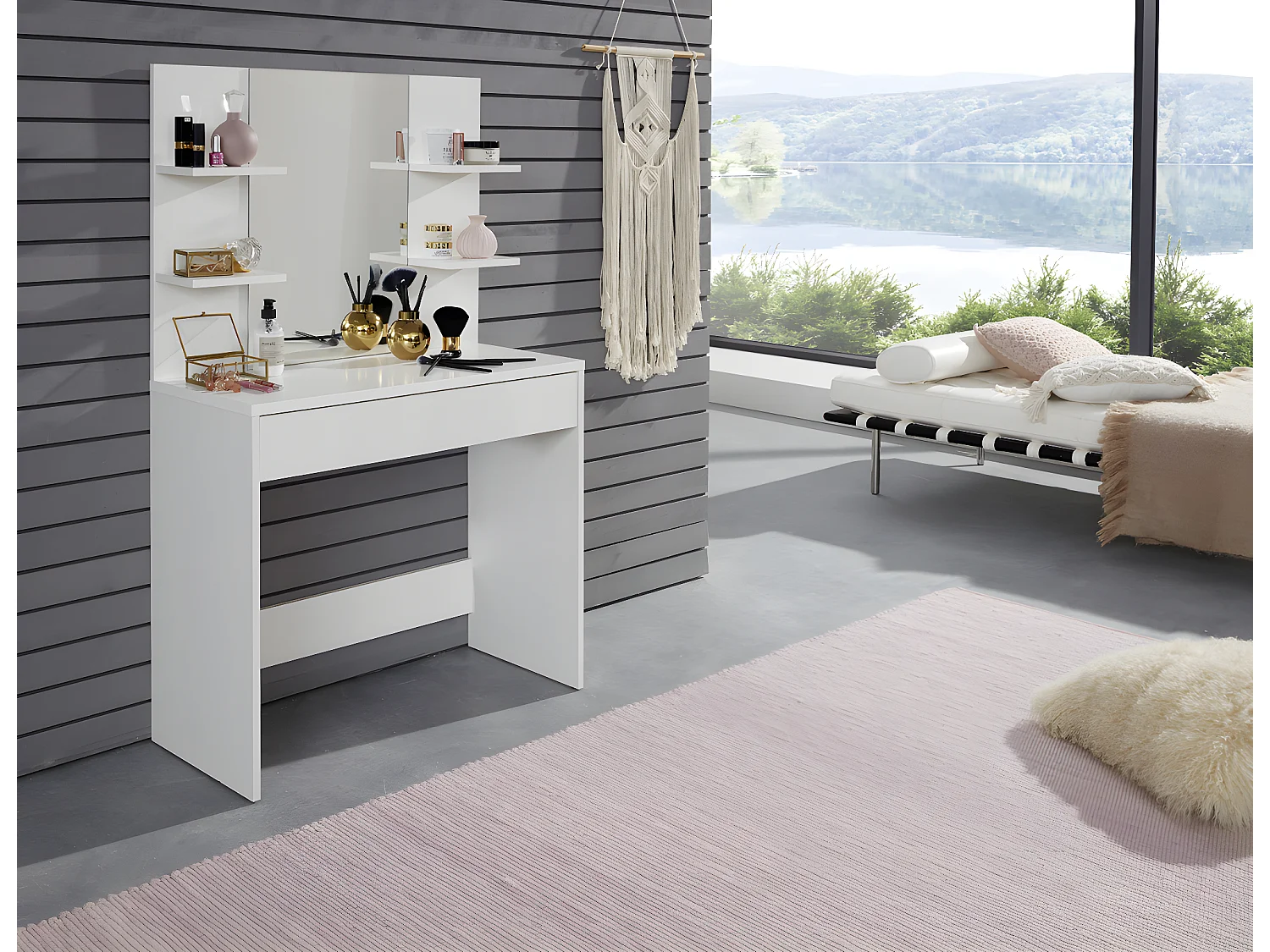 Coiffeuse, table de maquillage avec miroir coloris blanc mat  - L. 85 x H. 141 x P. 40 cm