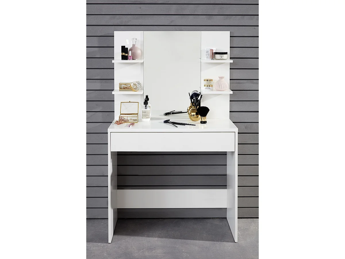 Coiffeuse, table de maquillage avec miroir coloris blanc mat  - L. 85 x H. 141 x P. 40 cm