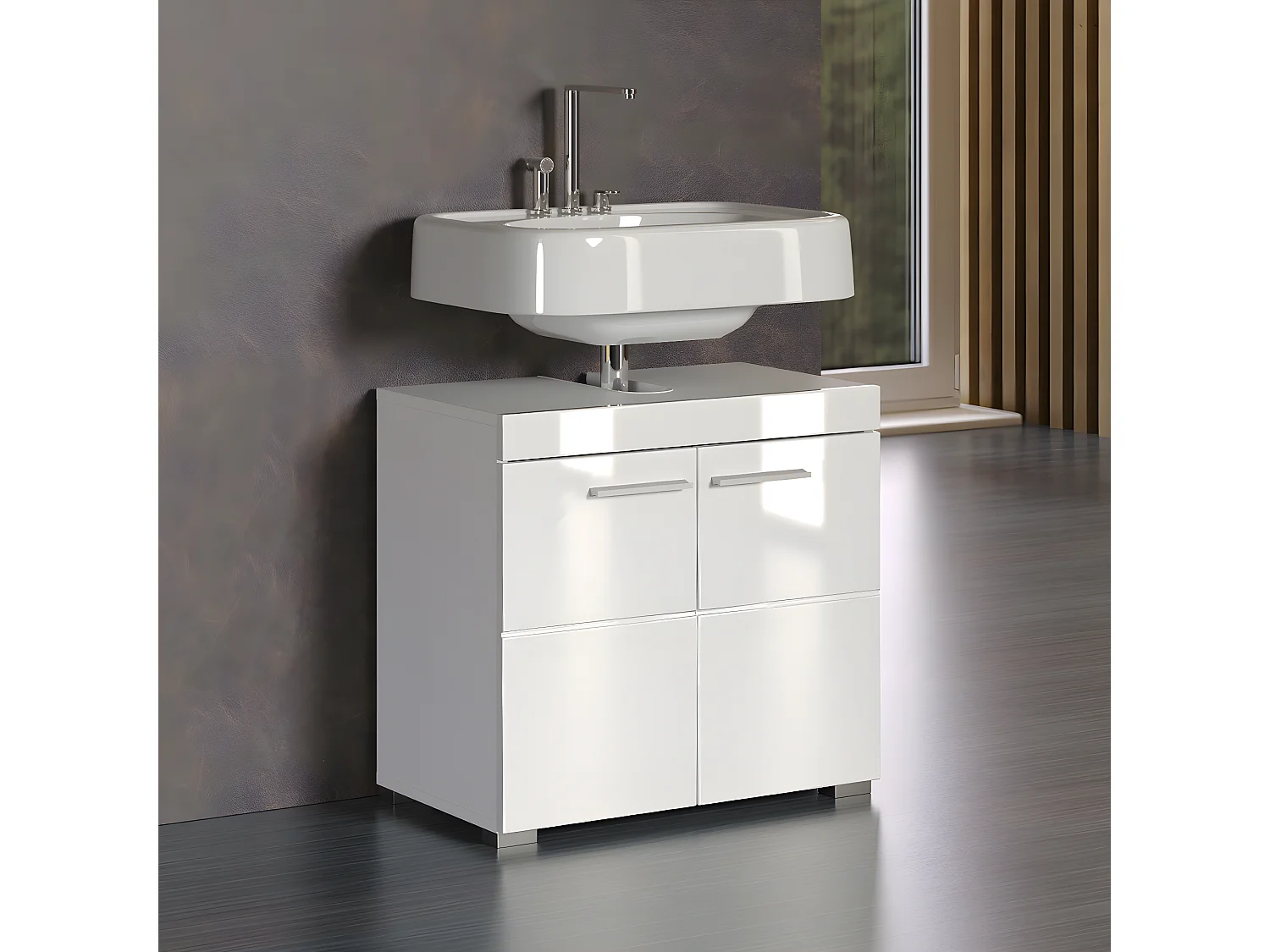 Meuble de salle de bain sous vasque avec 2 portes coloris blanc mat, blanc brillant