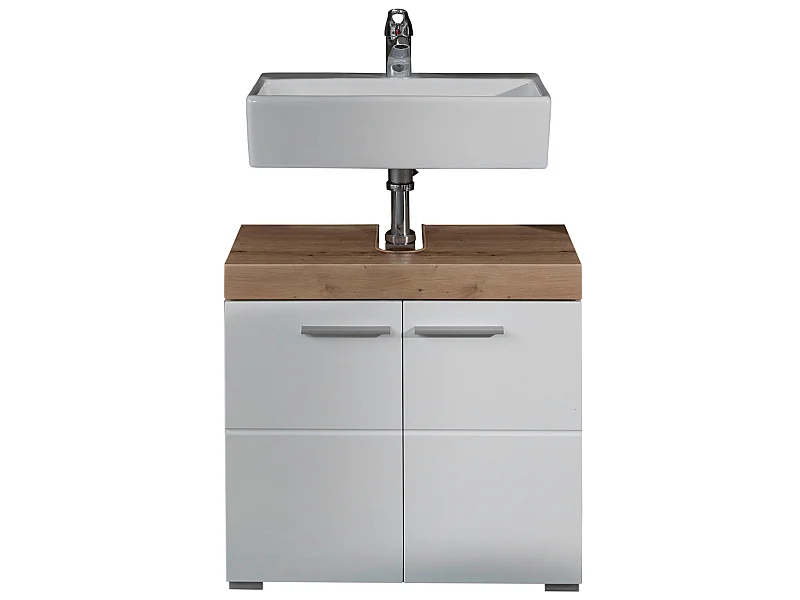 Meuble de salle de bain sous vasque avec 2 portes coloris chêne à nœuds, blanc brillant