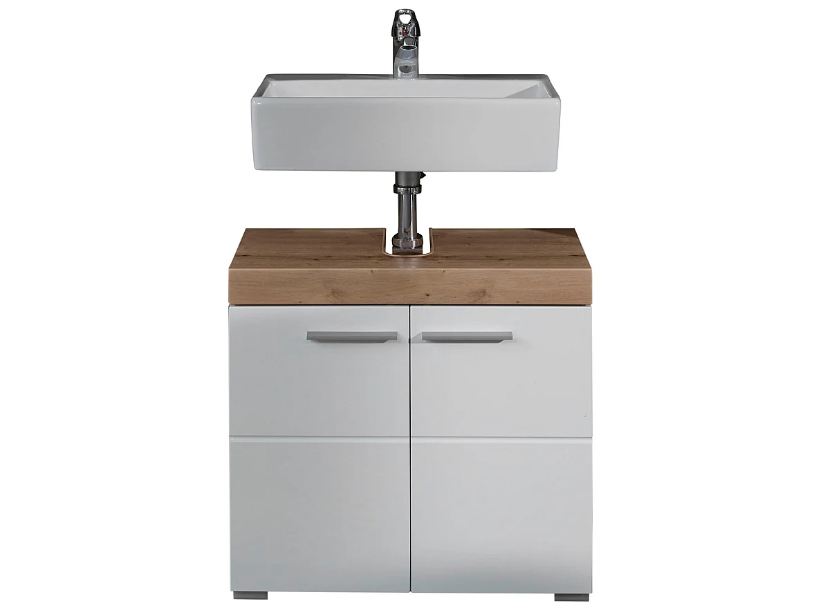 Meuble de salle de bain sous vasque avec 2 portes coloris chêne à nœuds, blanc brillant