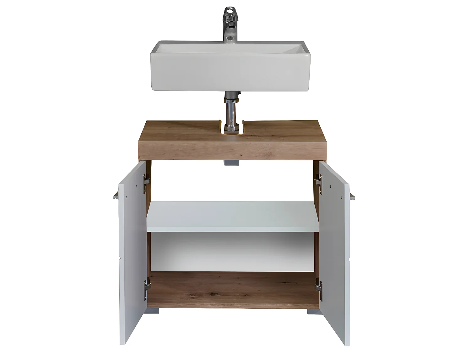 Meuble de salle de bain sous vasque avec 2 portes coloris chêne à nœuds, blanc brillant