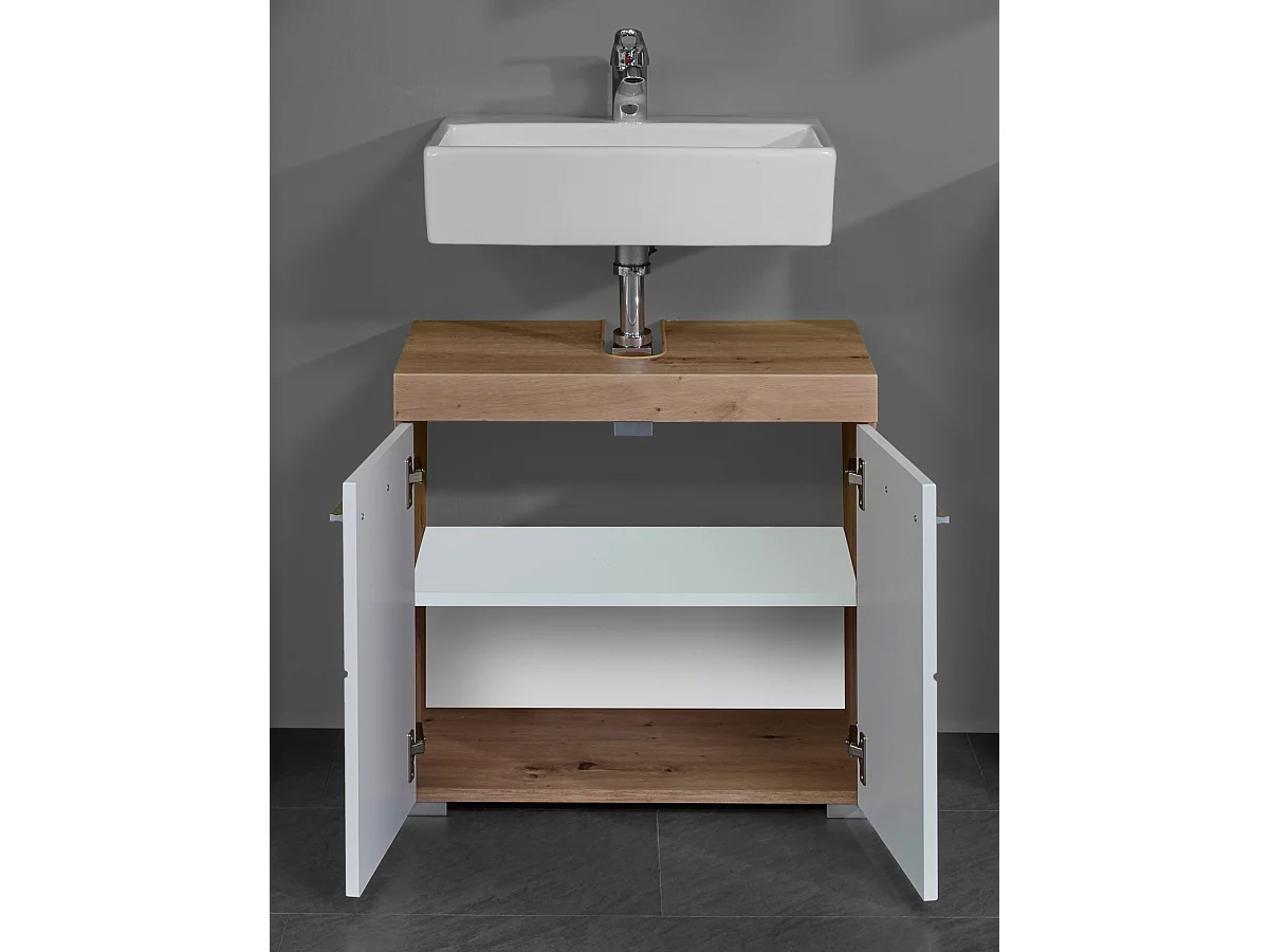 Meuble de salle de bain sous vasque avec 2 portes coloris chêne à nœuds, blanc brillant