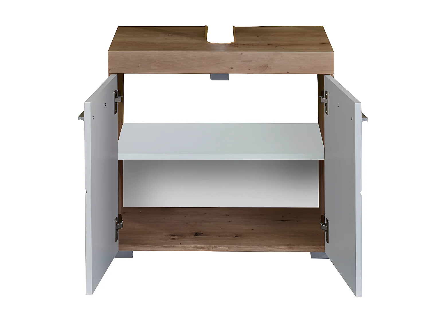 Meuble de salle de bain sous vasque avec 2 portes coloris chêne à nœuds, blanc brillant