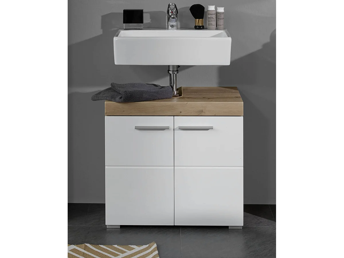 Meuble de salle de bain sous vasque avec 2 portes coloris chêne à nœuds, blanc brillant