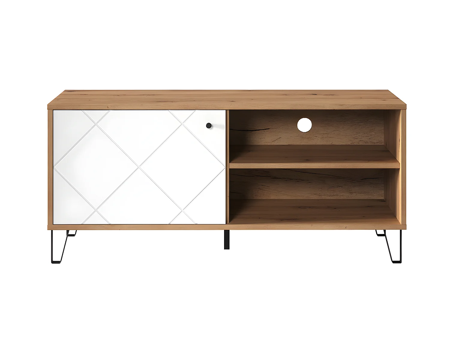 Meuble TV avec 1 porte coloris blanc mat et chêne artisan, pieds en métal noir