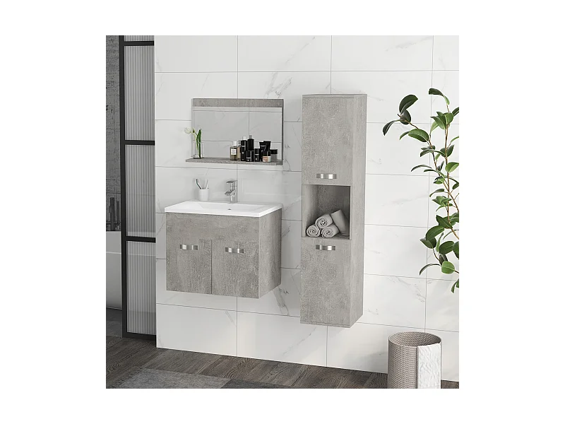 Ensemble 3 meubles salle de bain avec vasque - meuble sous-vasque suspendu, miroir, meuble colonne mural - aspect béton ciré