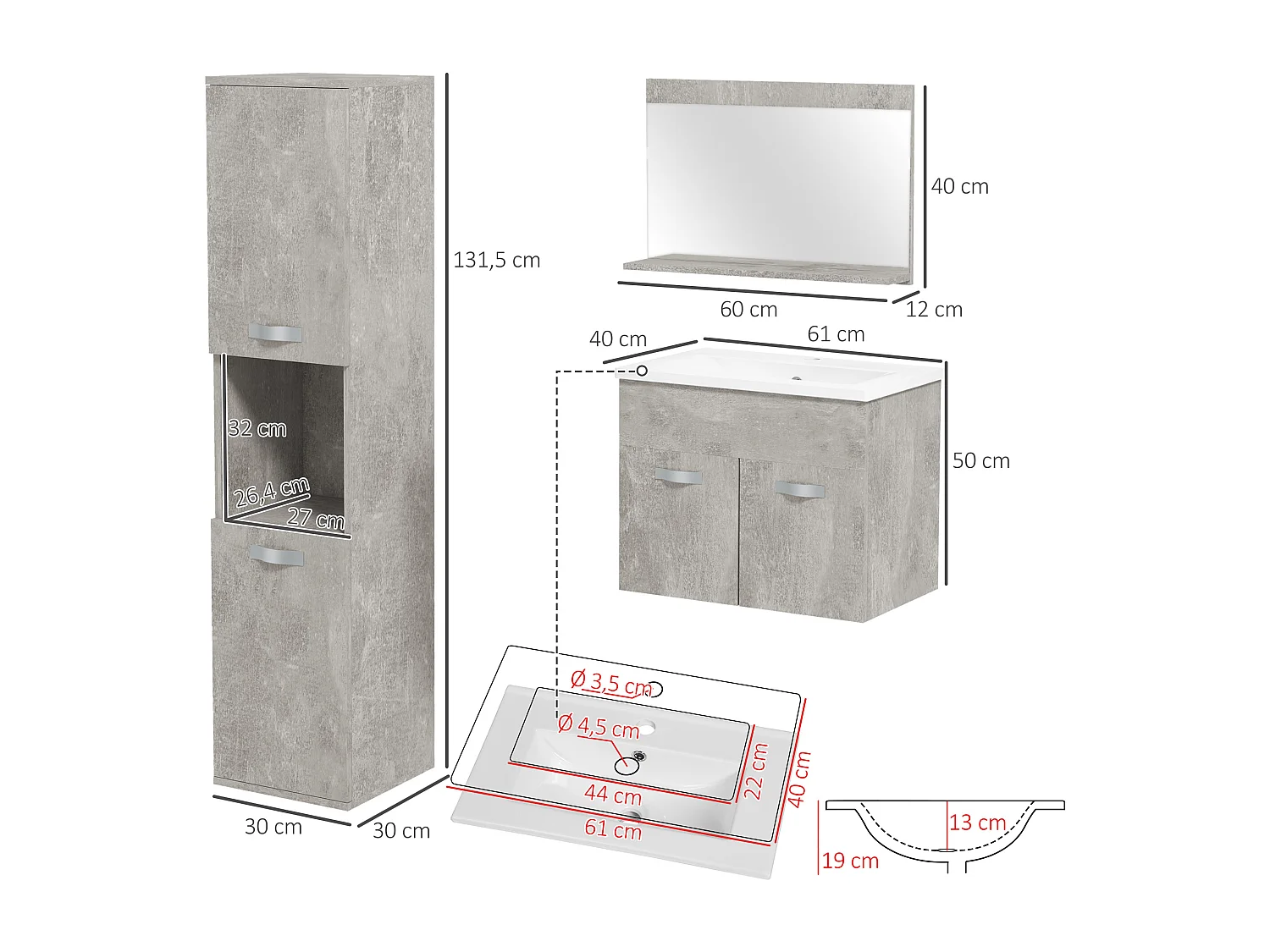Ensemble 3 meubles salle de bain avec vasque - meuble sous-vasque suspendu, miroir, meuble colonne mural - aspect béton ciré