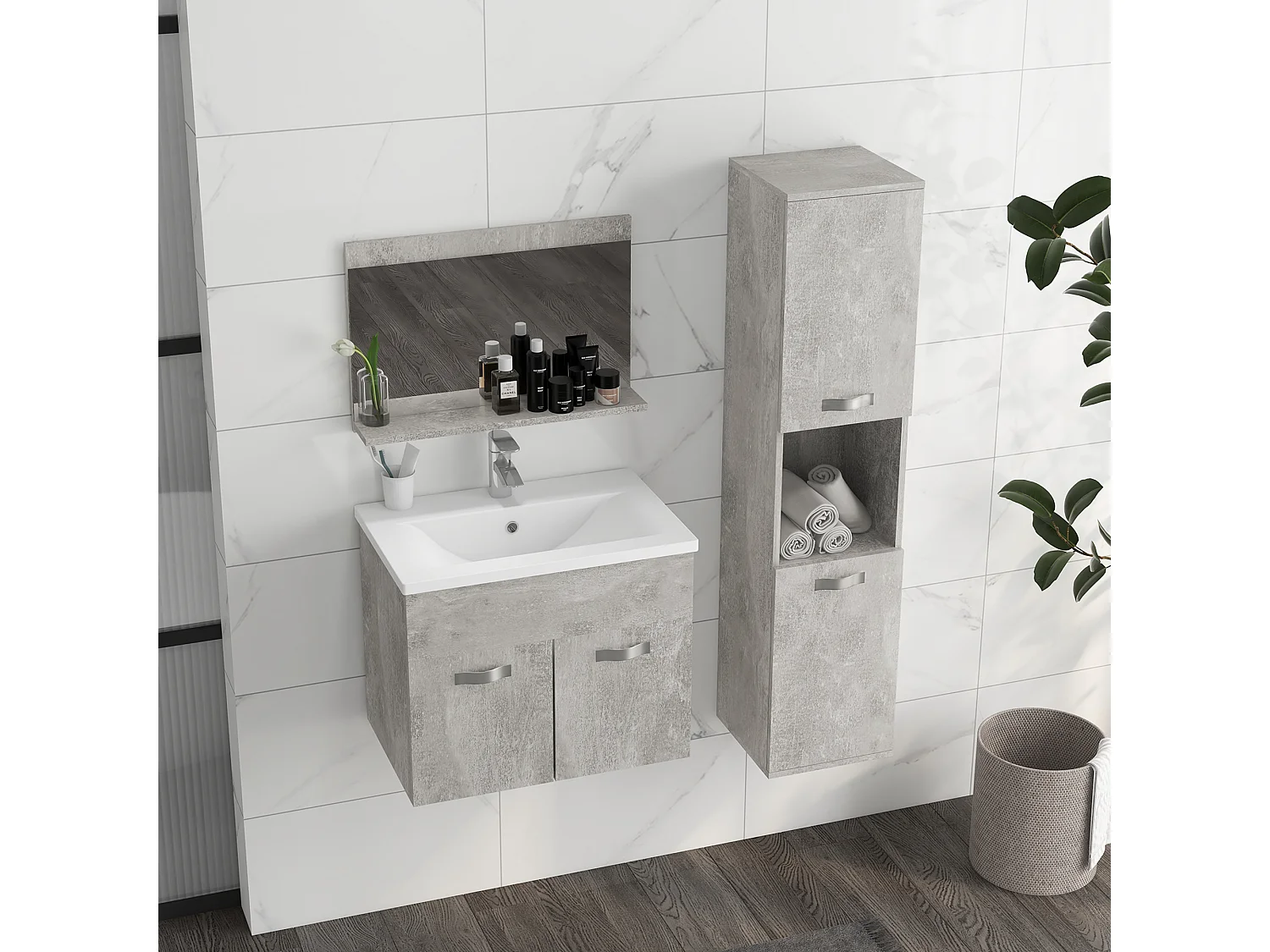 Ensemble 3 meubles salle de bain avec vasque - meuble sous-vasque suspendu, miroir, meuble colonne mural - aspect béton ciré