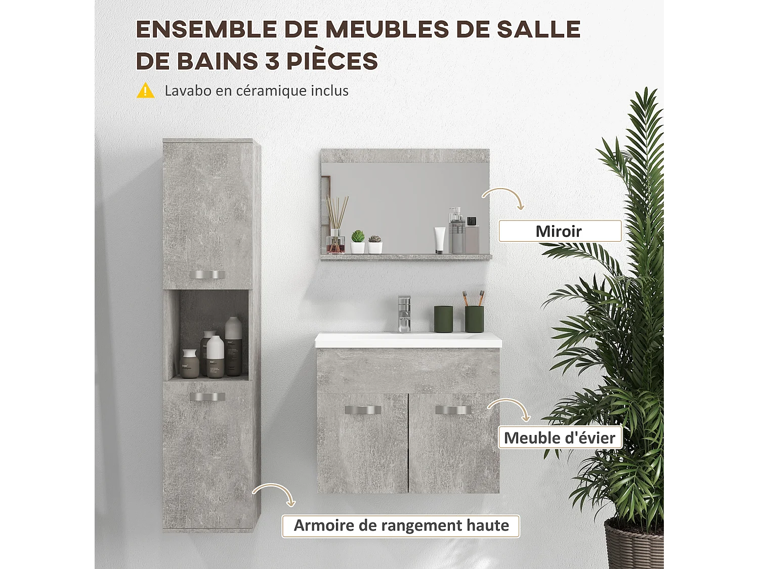 Ensemble 3 meubles salle de bain avec vasque - meuble sous-vasque suspendu, miroir, meuble colonne mural - aspect béton ciré