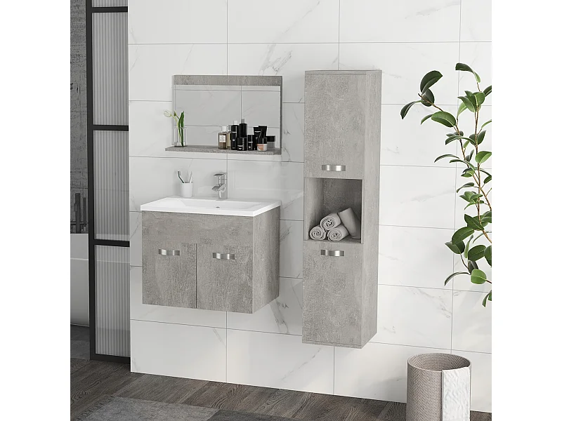 Ensemble 3 meubles salle de bain avec vasque - meuble sous-vasque suspendu, miroir, meuble colonne mural - aspect béton ciré